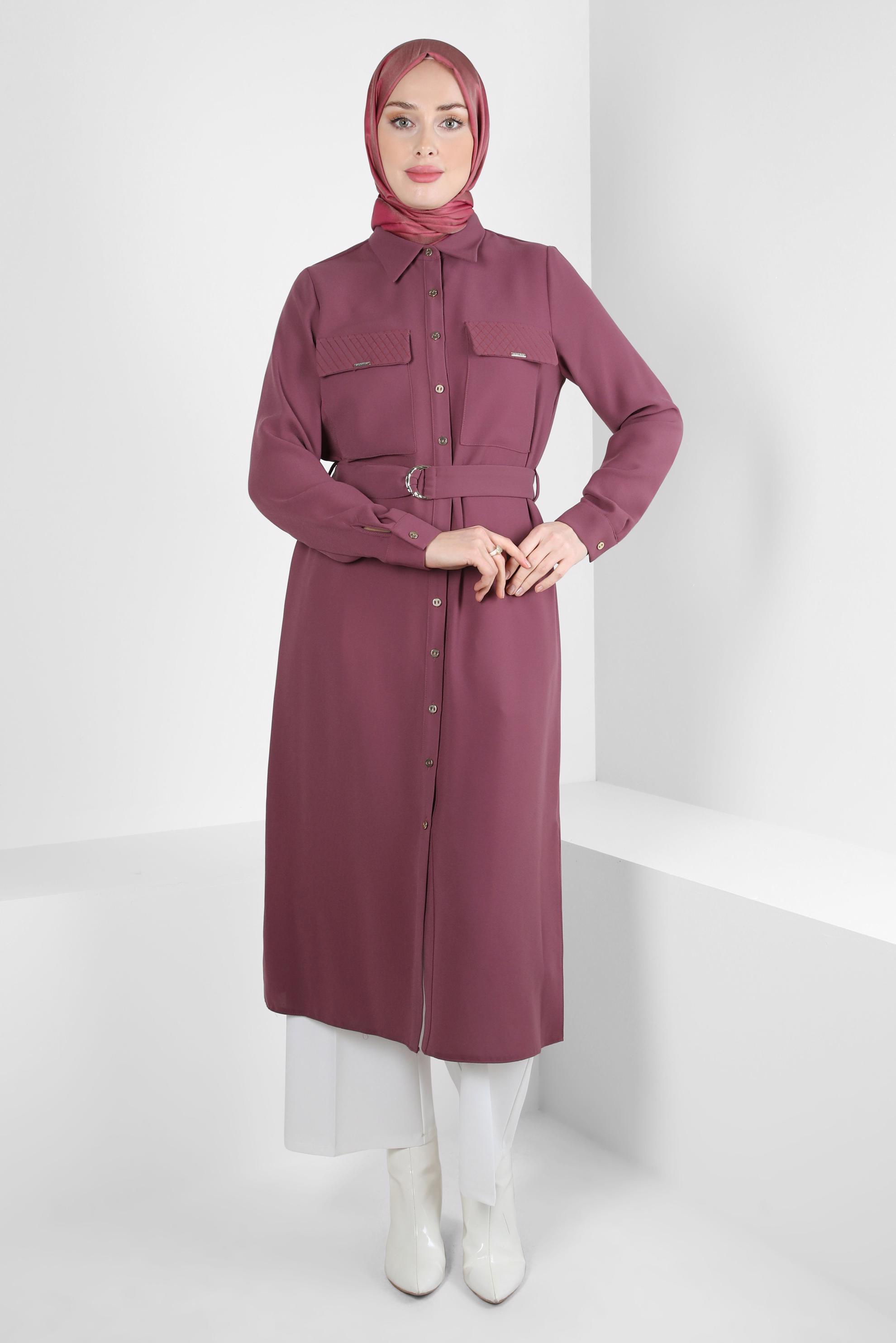 Tesettür giyim PEMBE KEMERLİ KREP TUNİK 44150