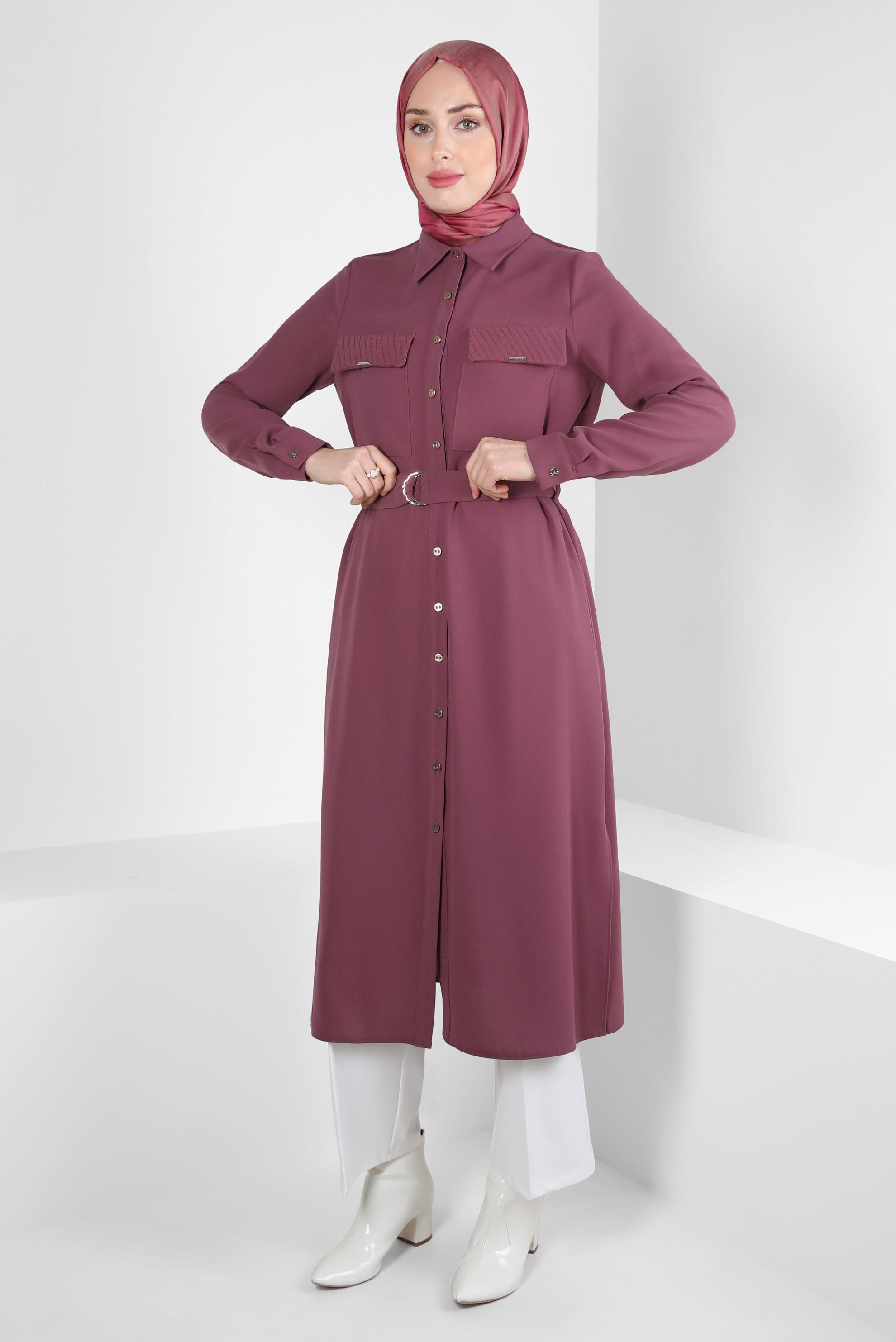 Tesettür giyim PEMBE KEMERLİ KREP TUNİK 44150
