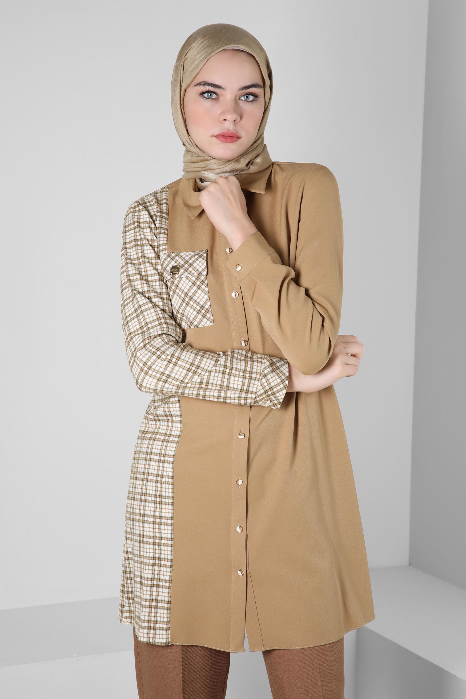 Tesettür giyim KUM EKOSE DETAYLI GÖMLEK TUNİK 44152