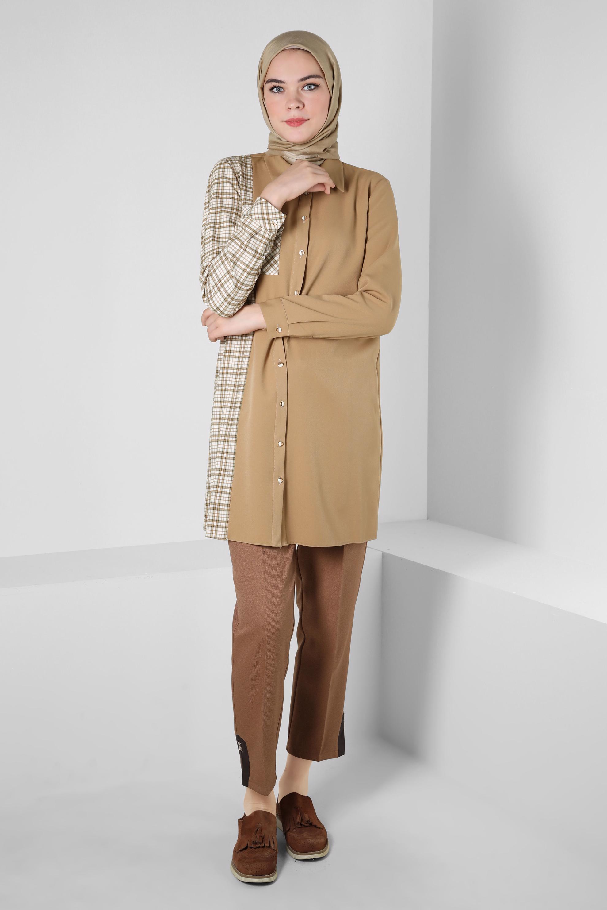 Tesettür giyim KUM EKOSE DETAYLI GÖMLEK TUNİK 44152