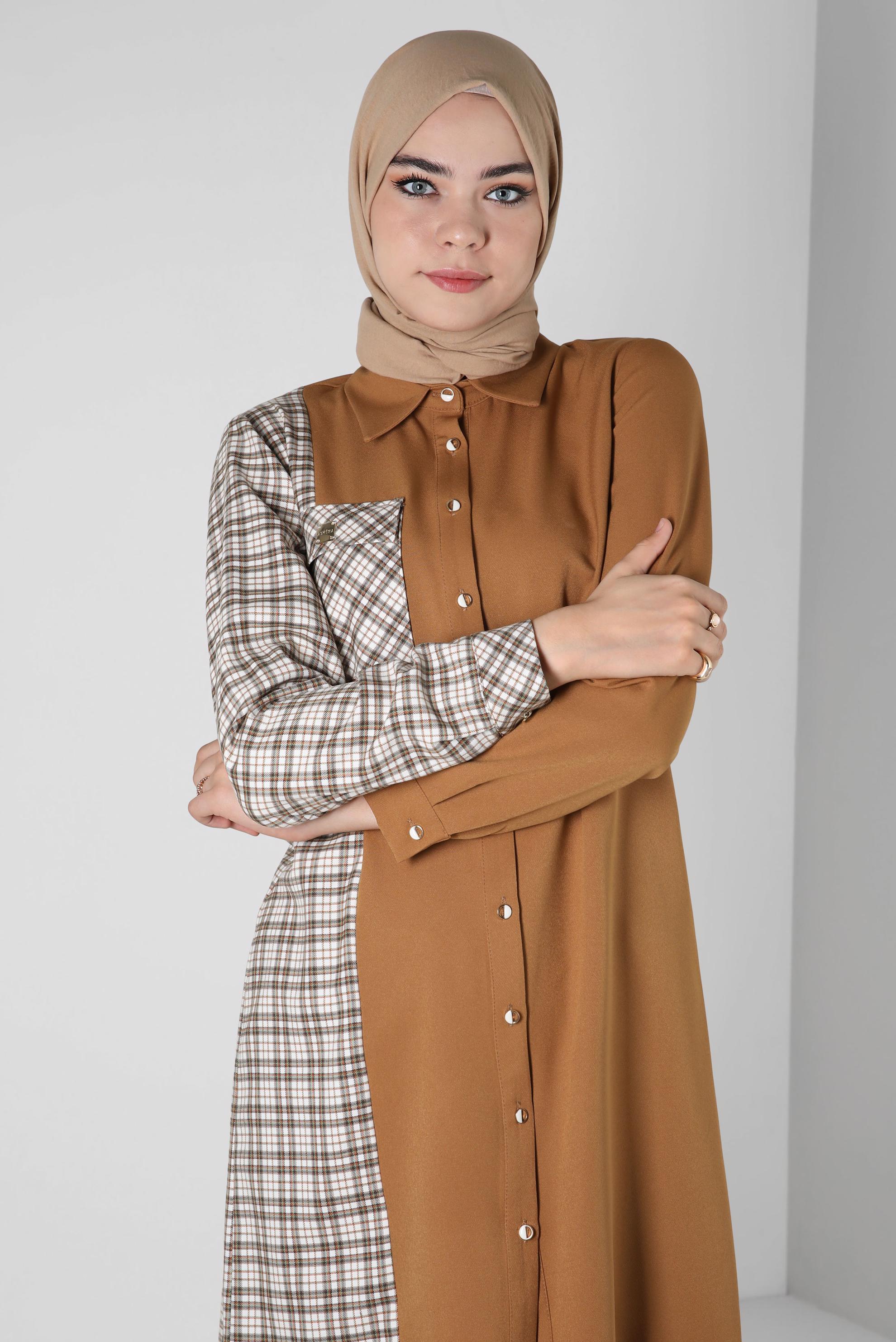 Tesettür giyim SARI EKOSE DETAYLI GÖMLEK TUNİK 44152