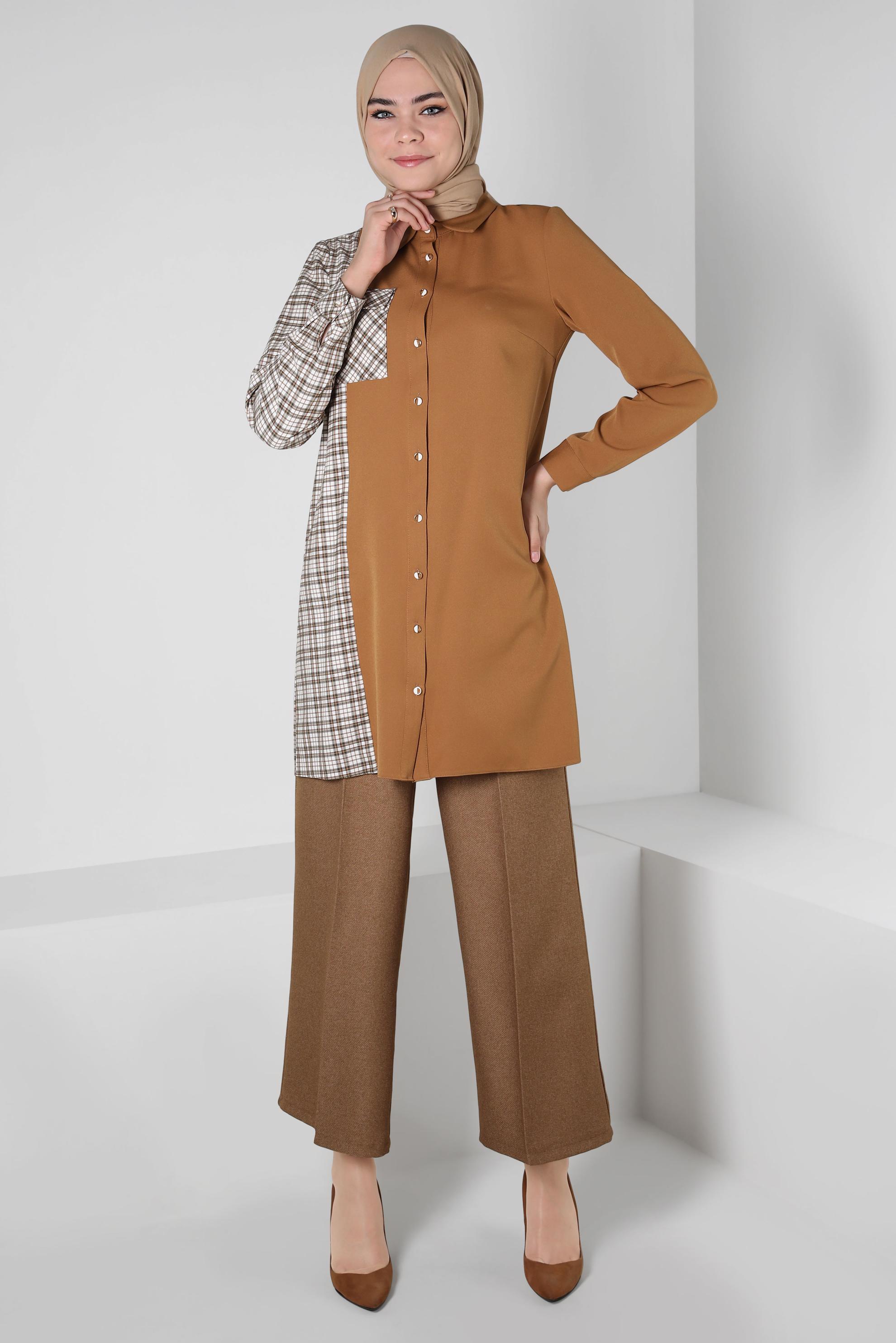 Tesettür giyim SARI EKOSE DETAYLI GÖMLEK TUNİK 44152