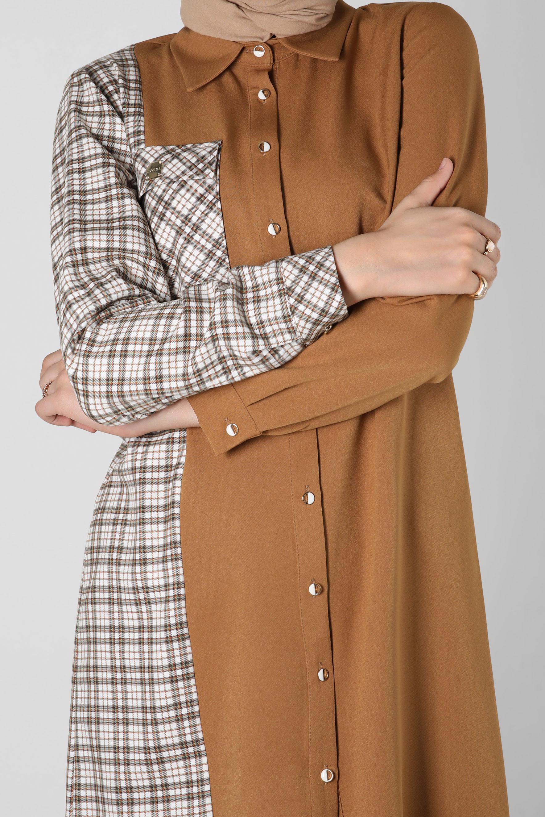 Tesettür giyim SARI EKOSE DETAYLI GÖMLEK TUNİK 44152