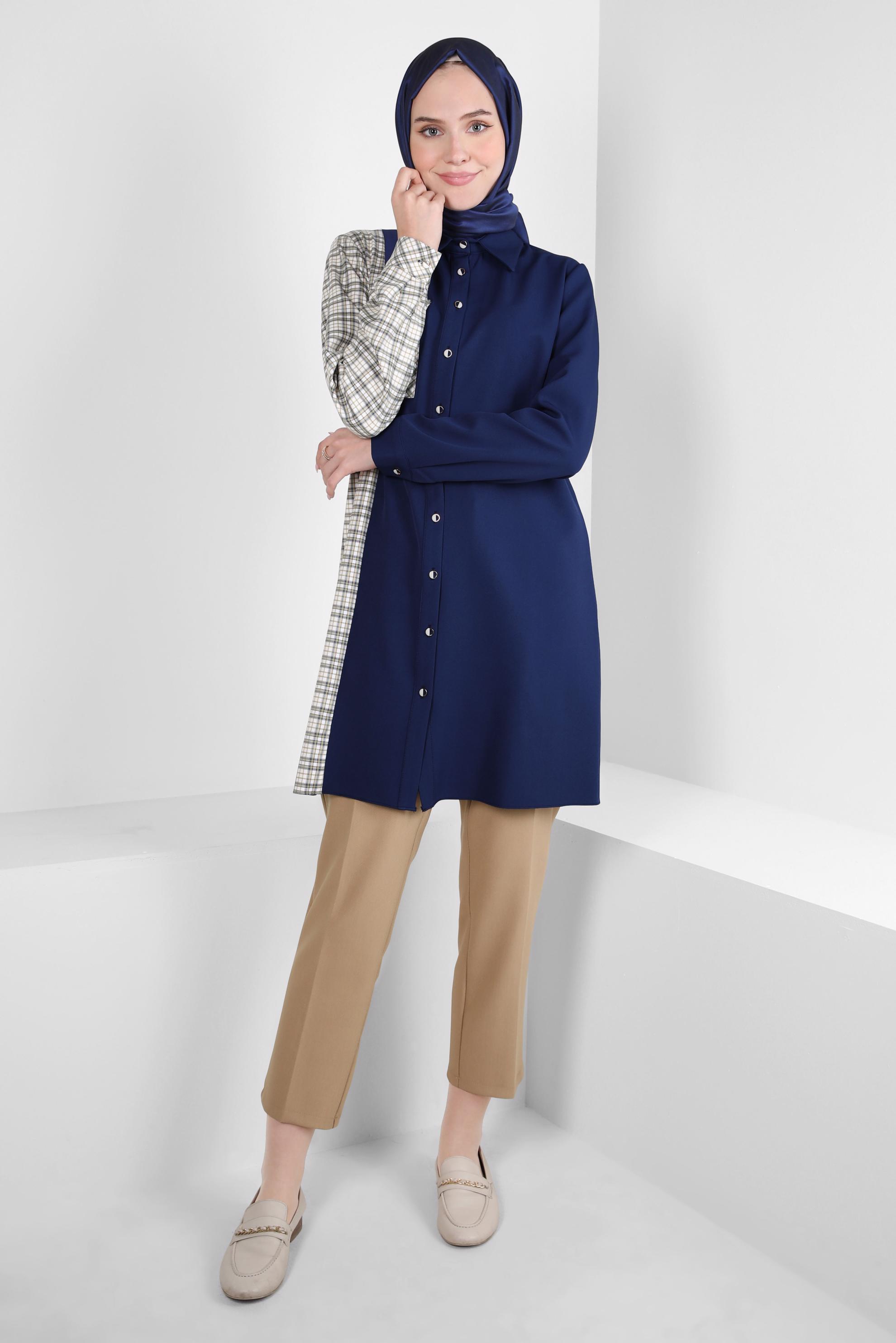 Tesettür giyim LACİVERT EKOSE DETAYLI GÖMLEK TUNİK 44152