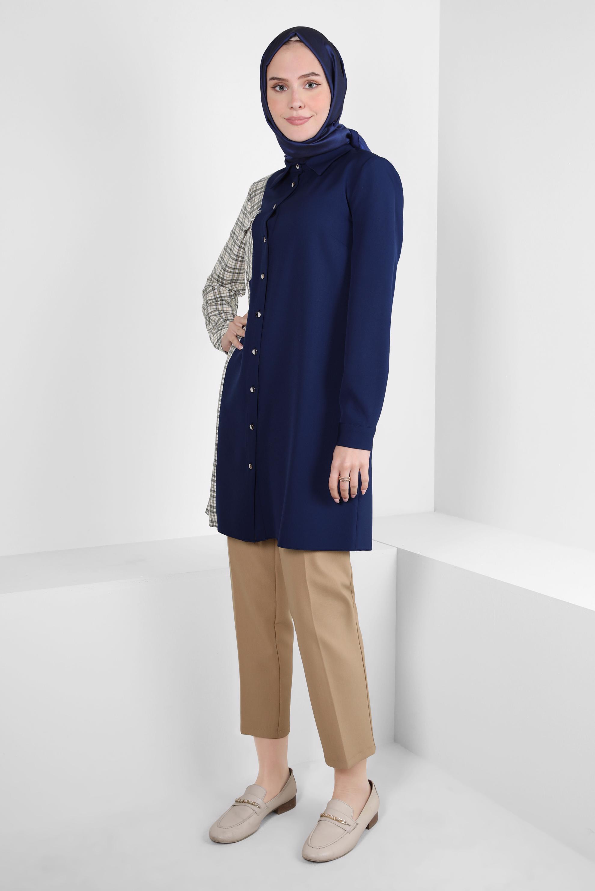 Tesettür giyim LACİVERT EKOSE DETAYLI GÖMLEK TUNİK 44152