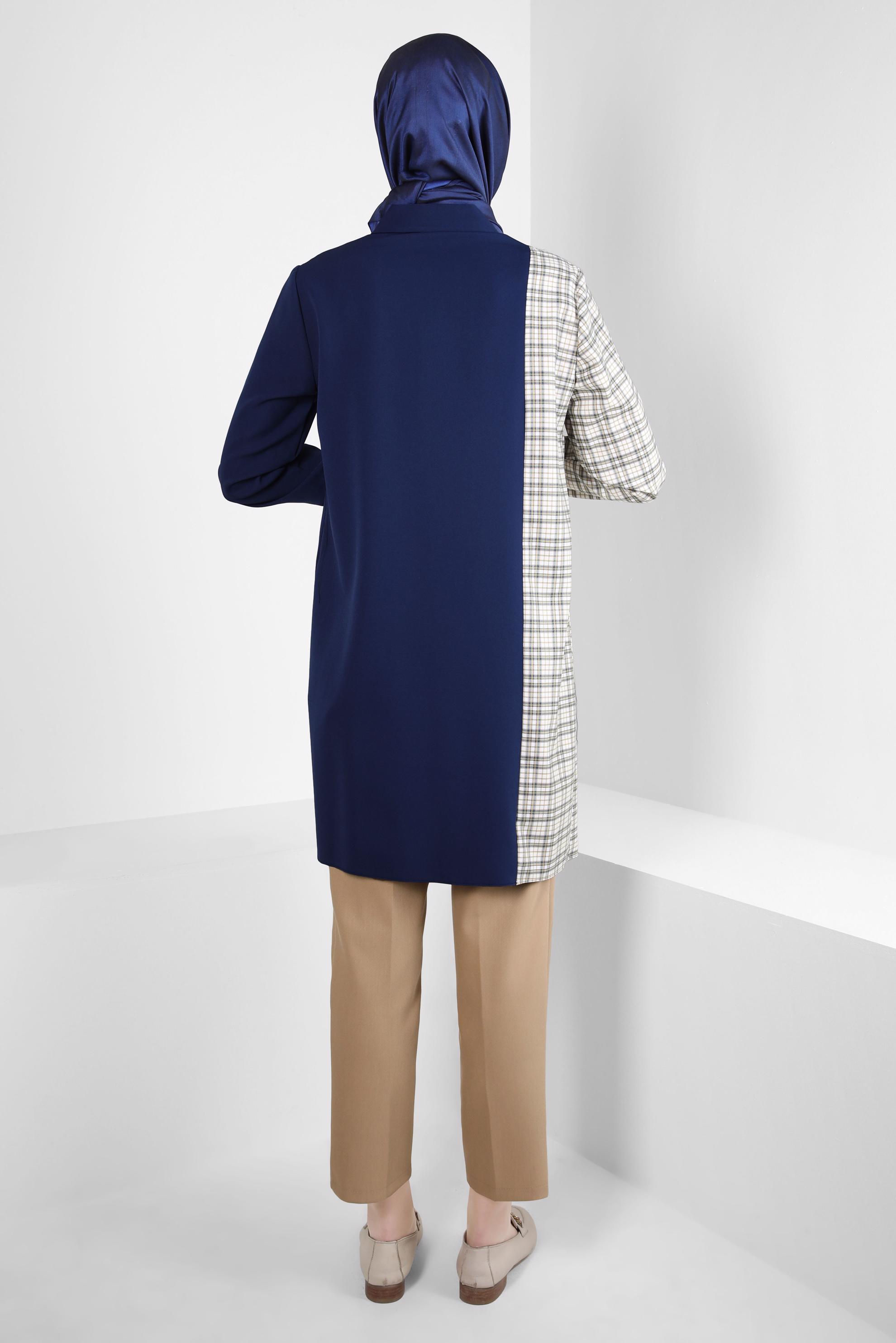 Tesettür giyim LACİVERT EKOSE DETAYLI GÖMLEK TUNİK 44152