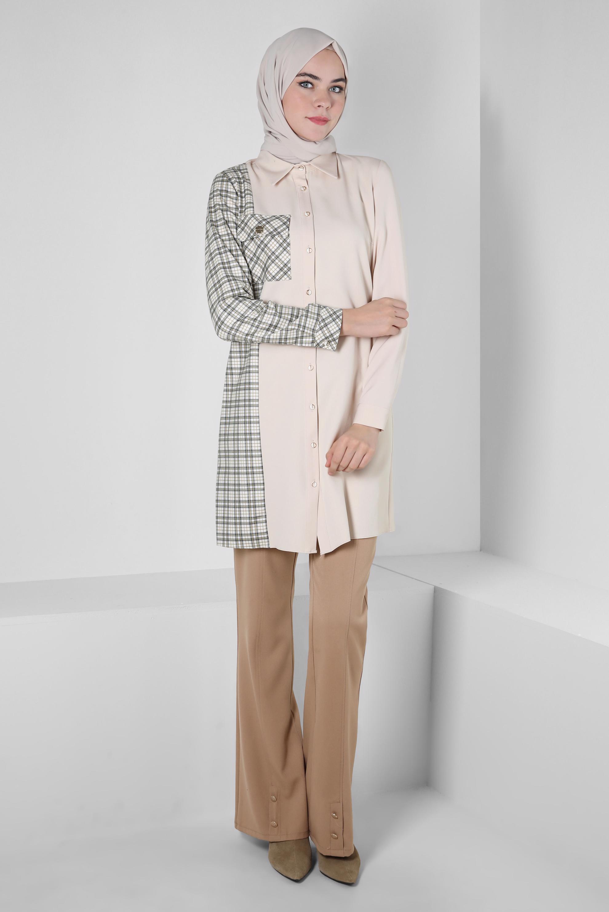 Tesettür giyim EKRU EKOSE DETAYLI GÖMLEK TUNİK 44152