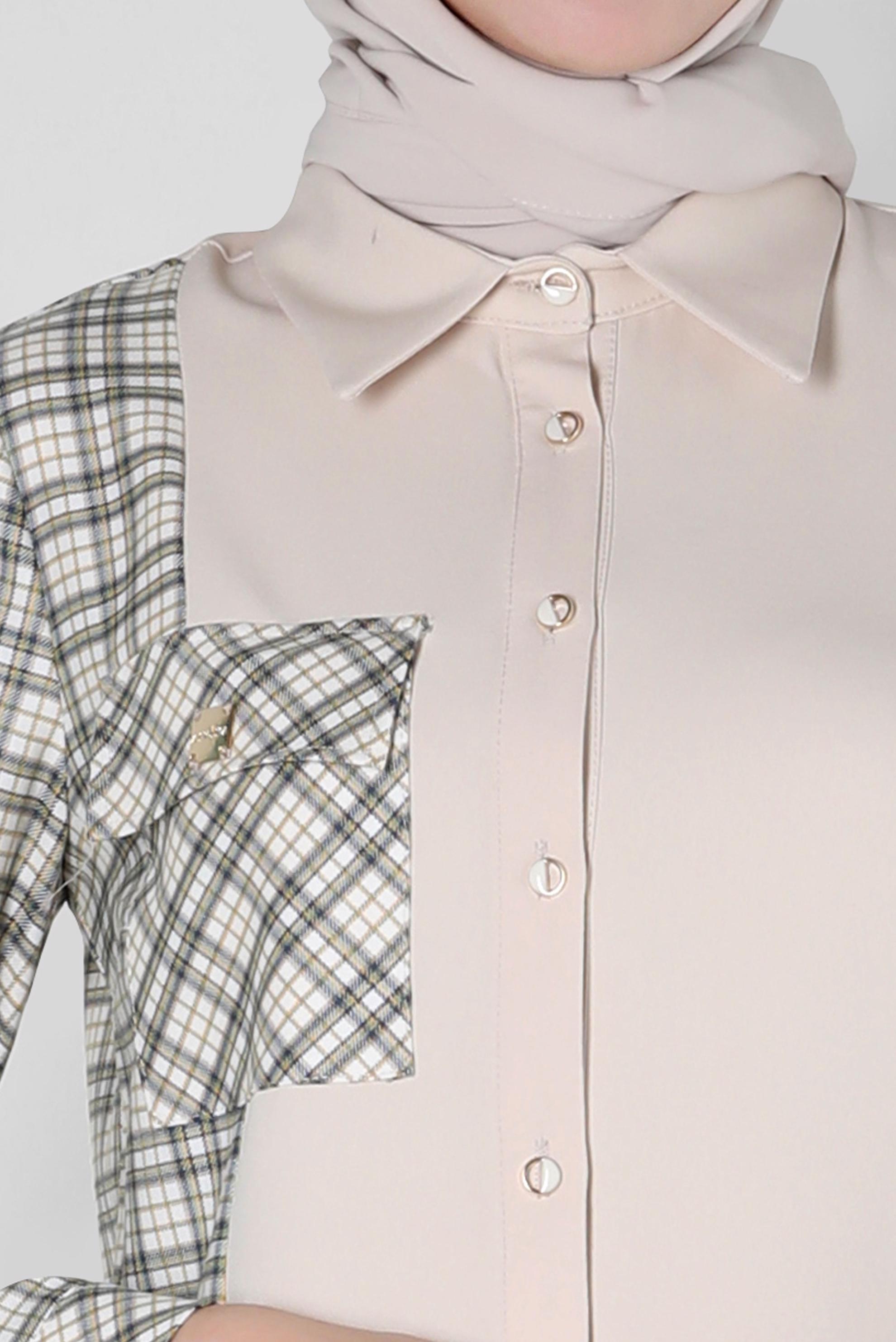 Tesettür giyim EKRU EKOSE DETAYLI GÖMLEK TUNİK 44152