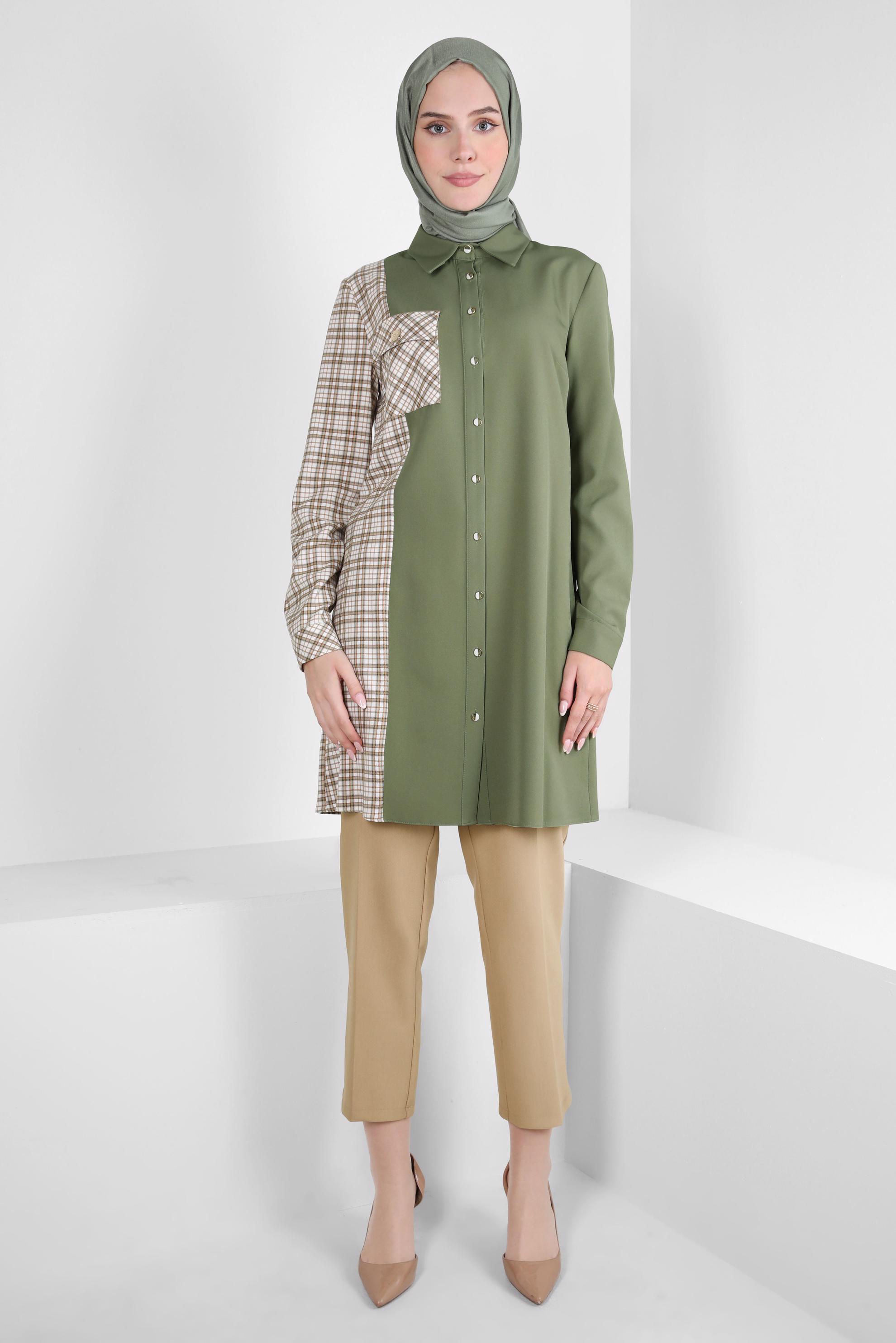Tesettür giyim YEŞİL EKOSE DETAYLI GÖMLEK TUNİK 44152