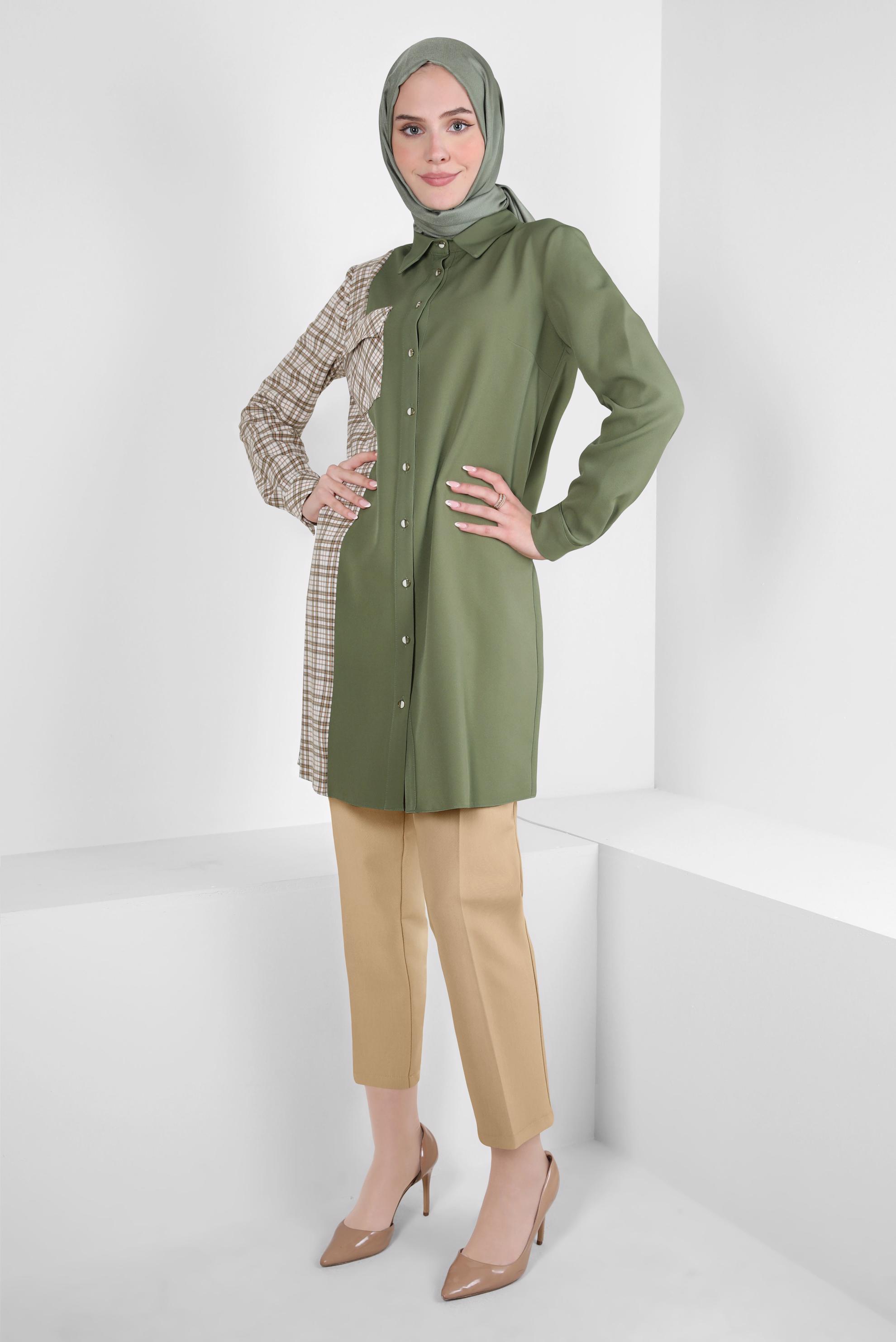 Tesettür giyim YEŞİL EKOSE DETAYLI GÖMLEK TUNİK 44152