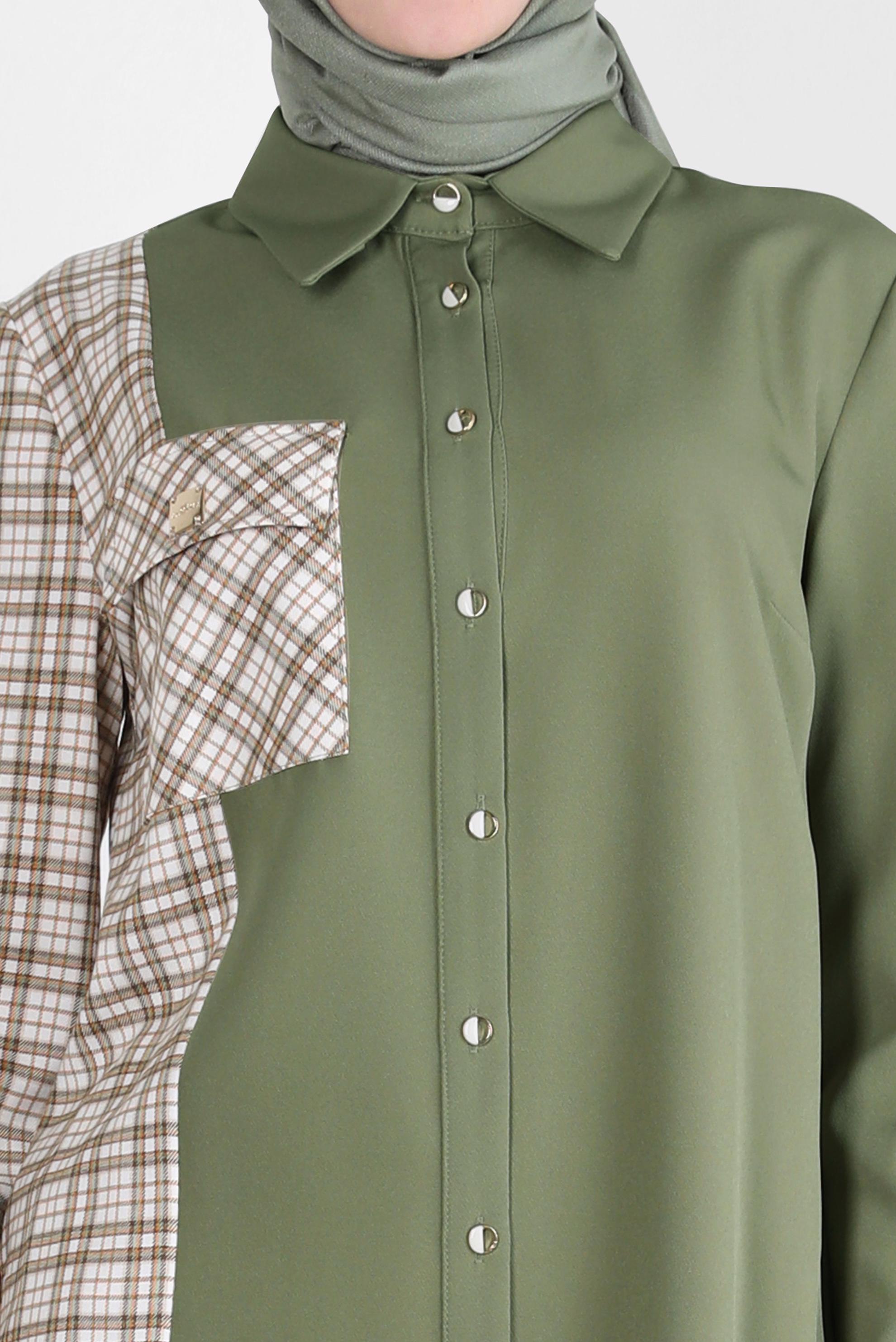 Tesettür giyim YEŞİL EKOSE DETAYLI GÖMLEK TUNİK 44152