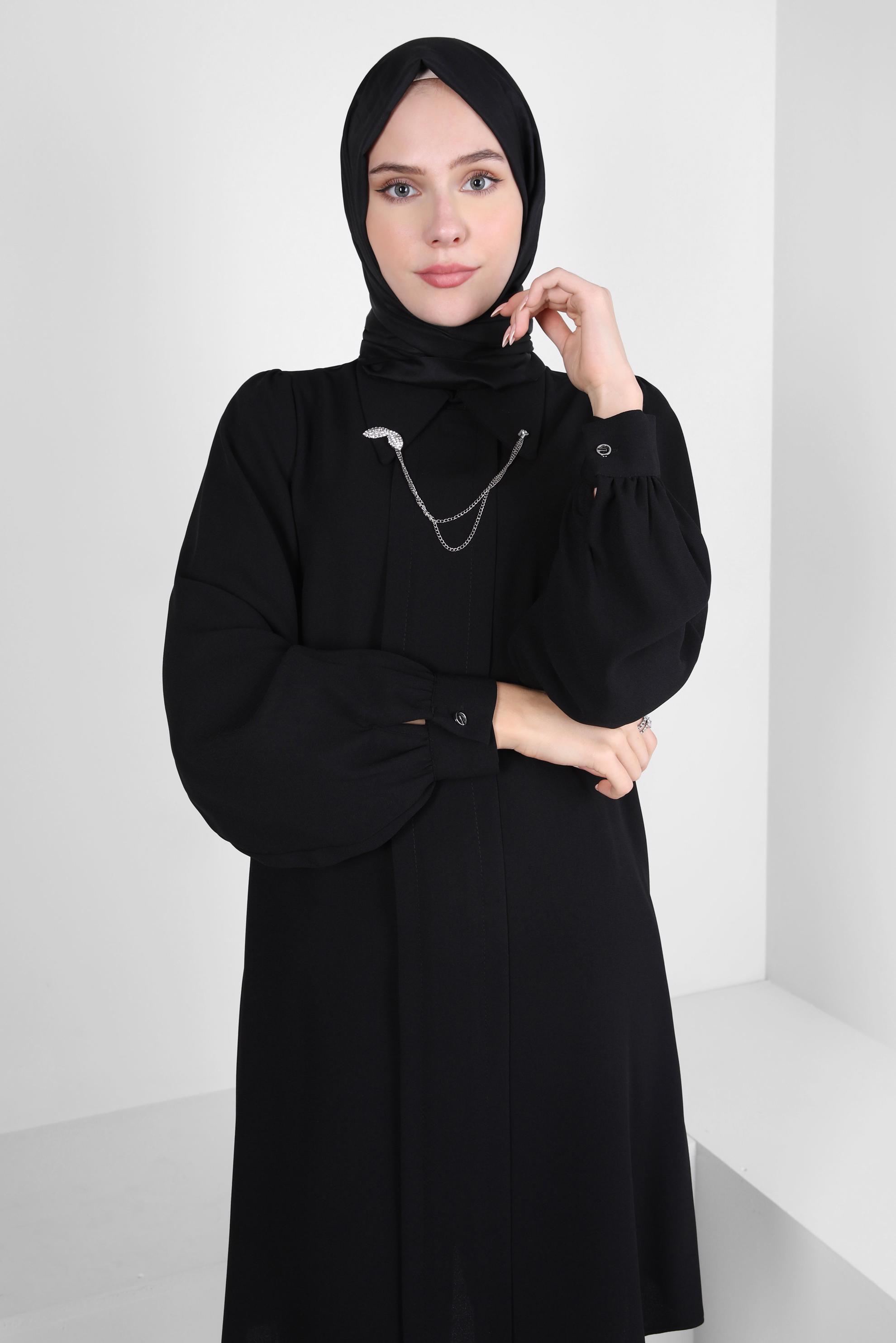Tesettür giyim SİYAH ZİNCİR DETAYLI KREP TUNİK 44162