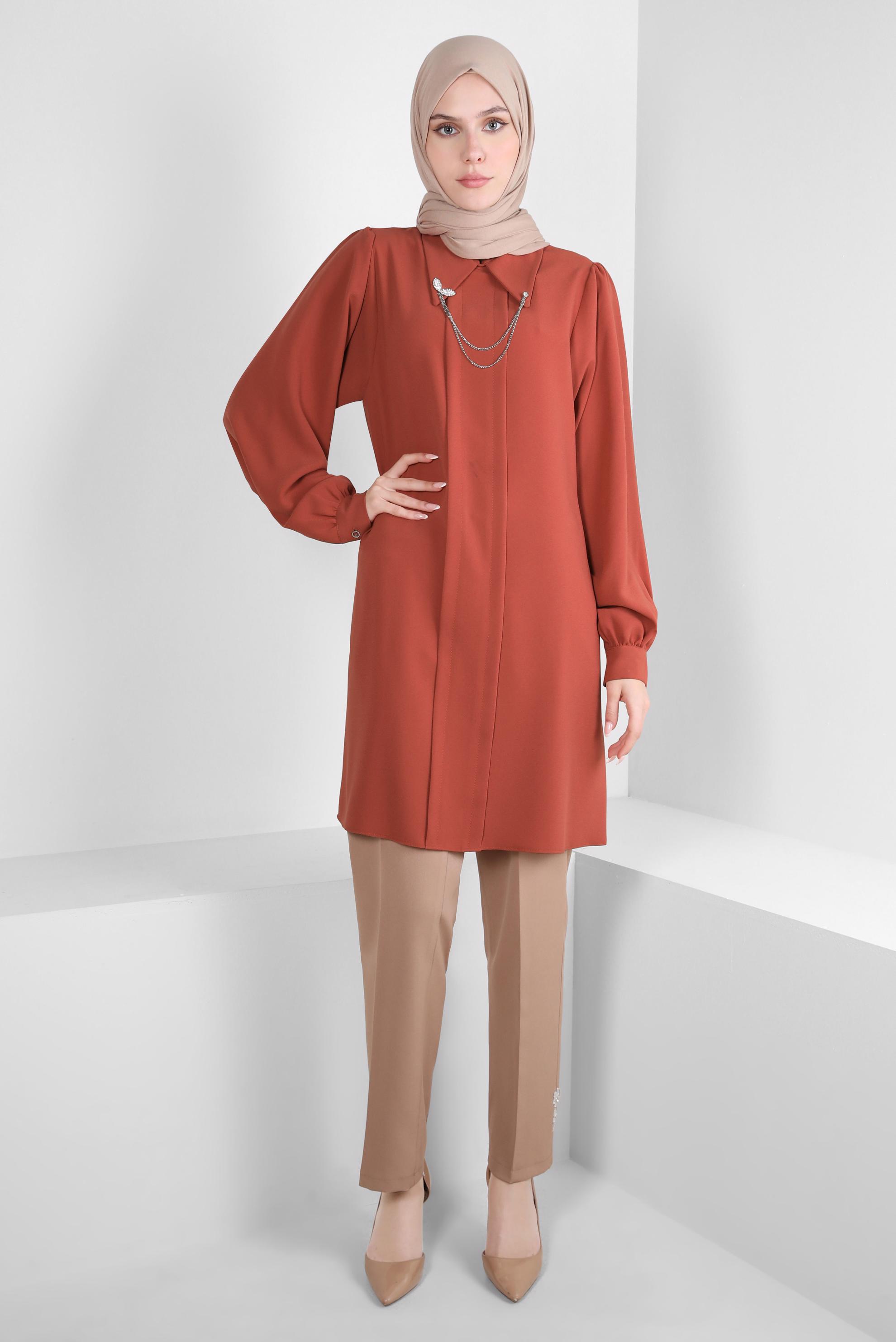 Tesettür giyim TURUNCU ZİNCİR DETAYLI KREP TUNİK 44162