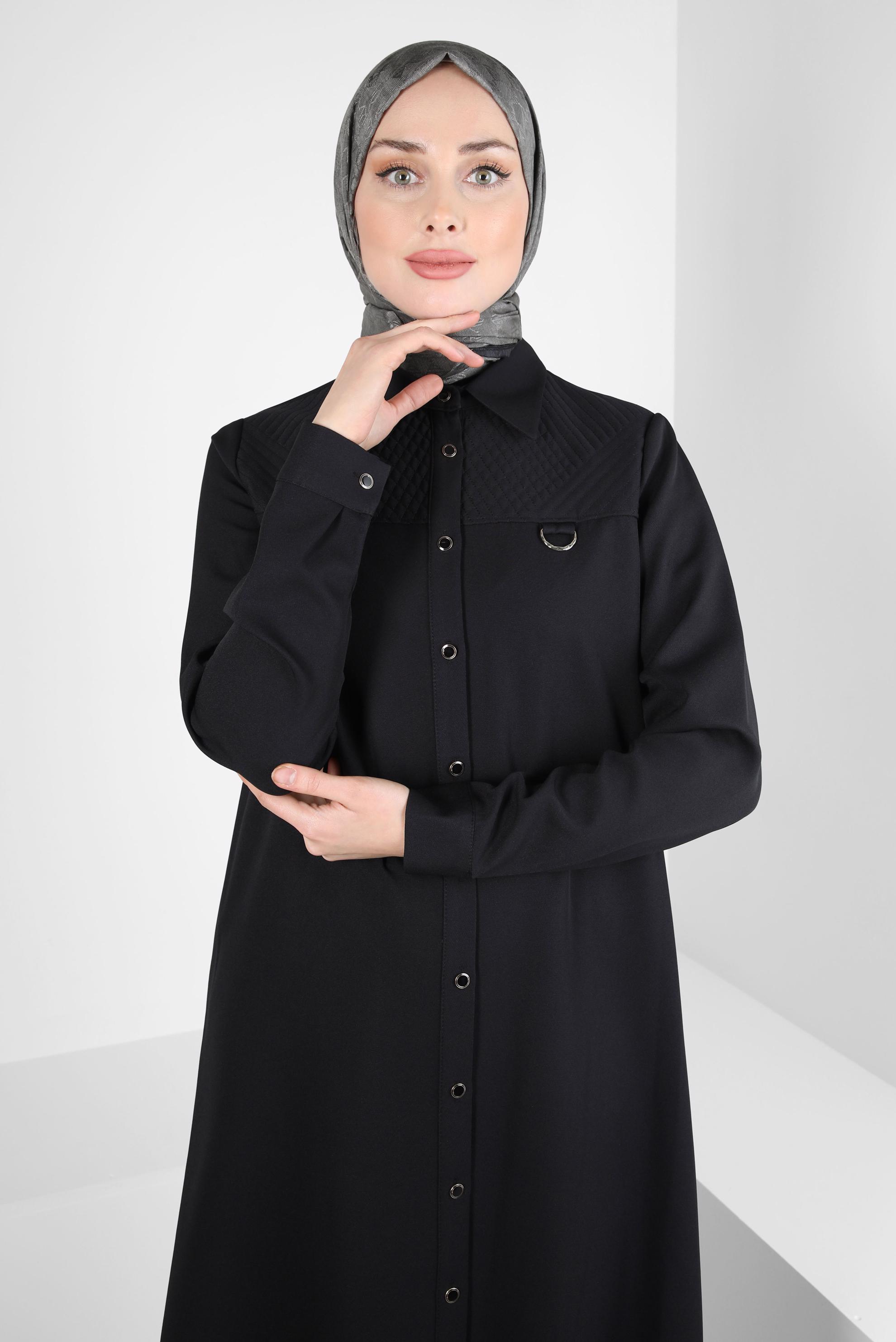 Tesettür giyim SİYAH GÖMLEK YAKA TUNİK 44163