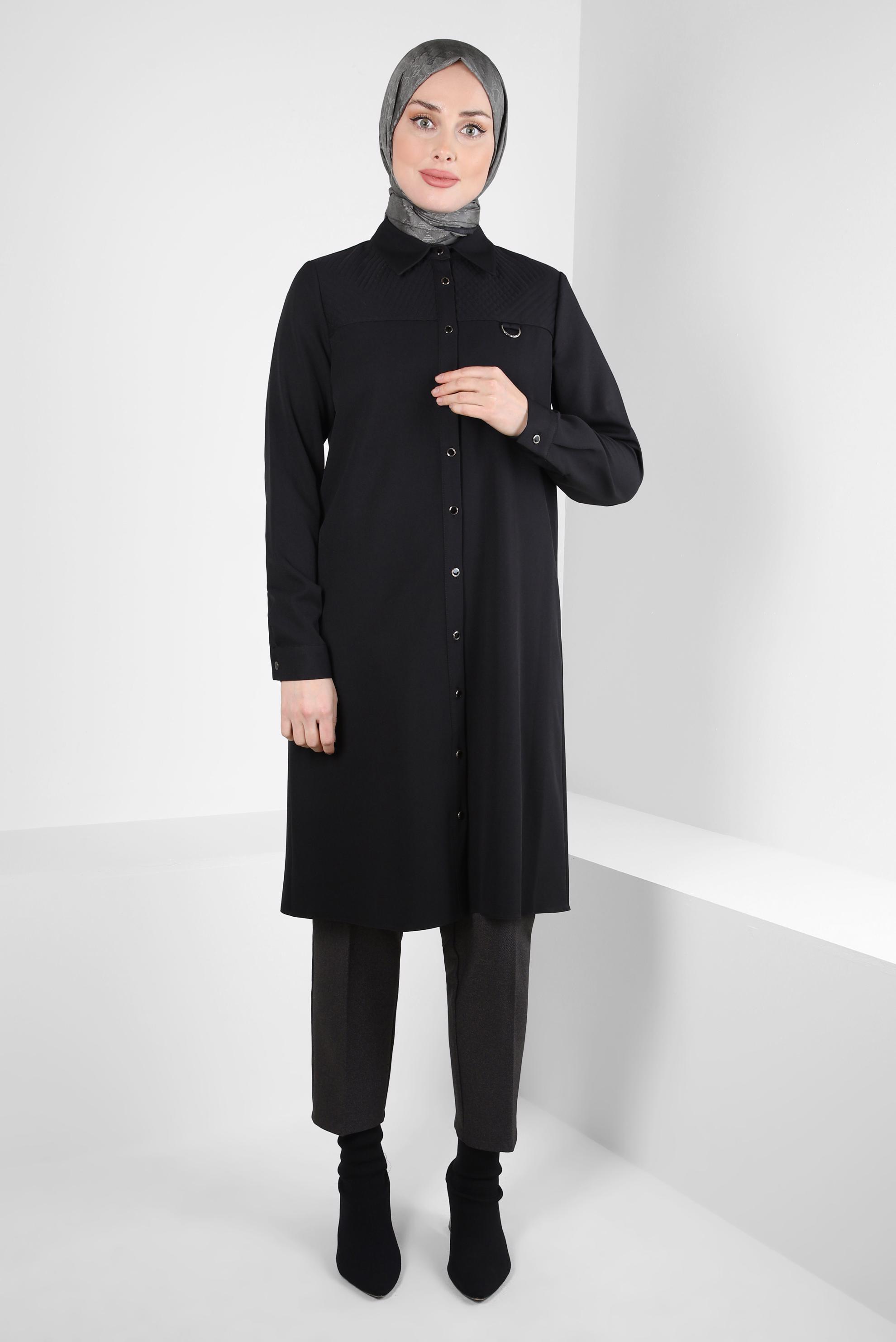 Tesettür giyim SİYAH GÖMLEK YAKA TUNİK 44163