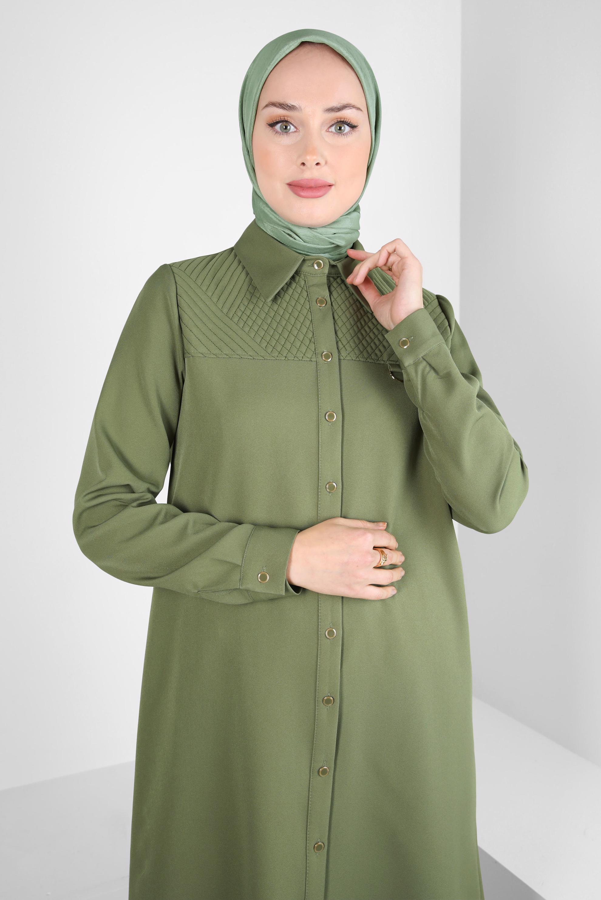 Tesettür giyim YEŞİL GÖMLEK YAKA TUNİK 44163