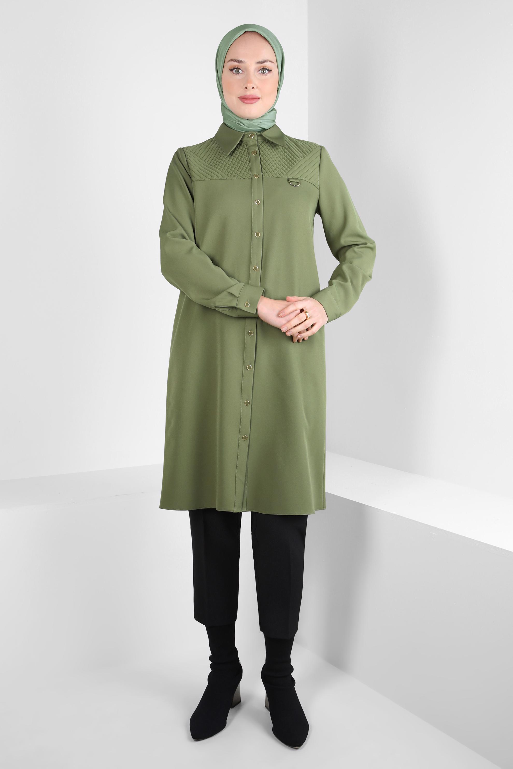 Tesettür giyim YEŞİL GÖMLEK YAKA TUNİK 44163