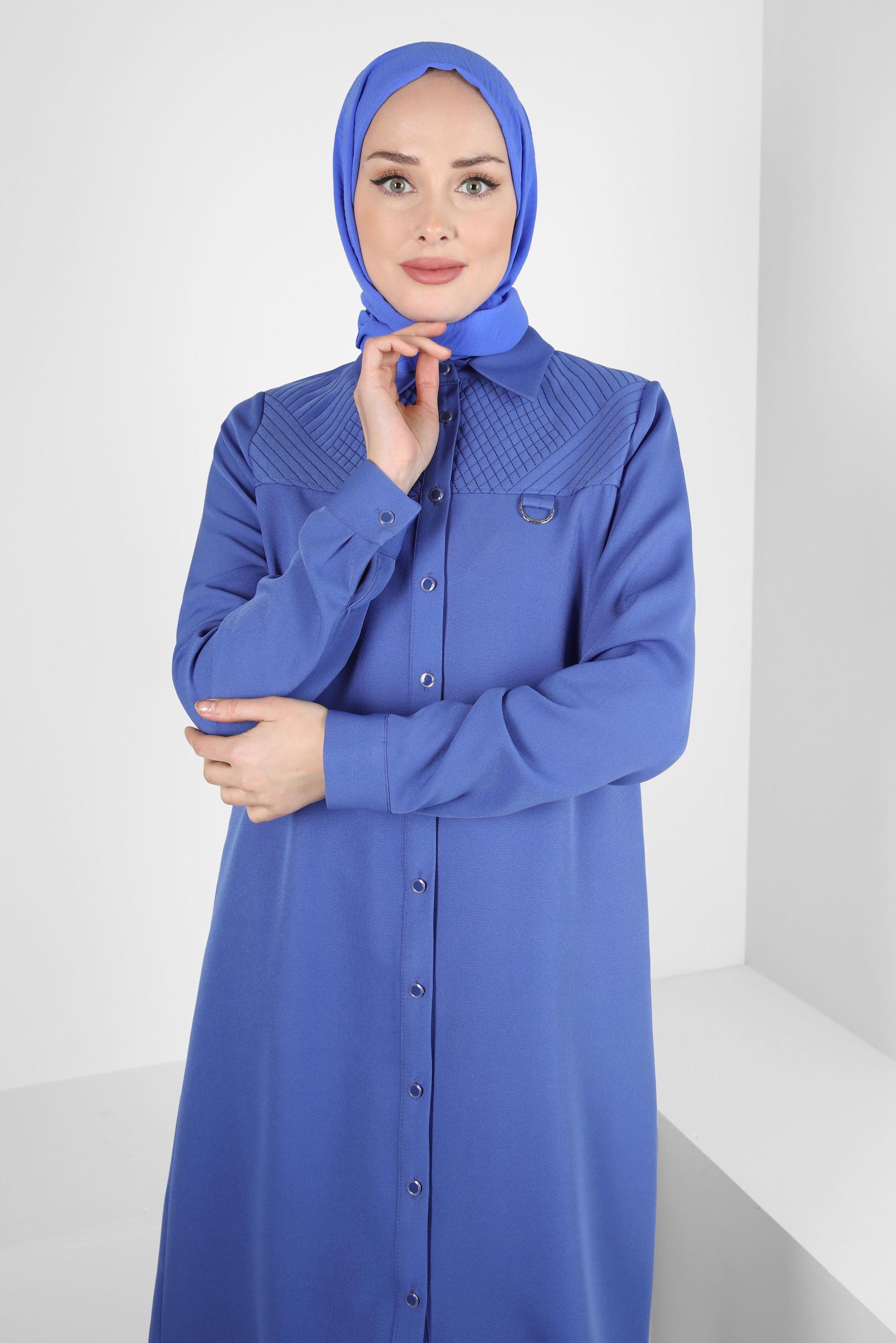 Tesettür giyim MAVİ GÖMLEK YAKA TUNİK 44163