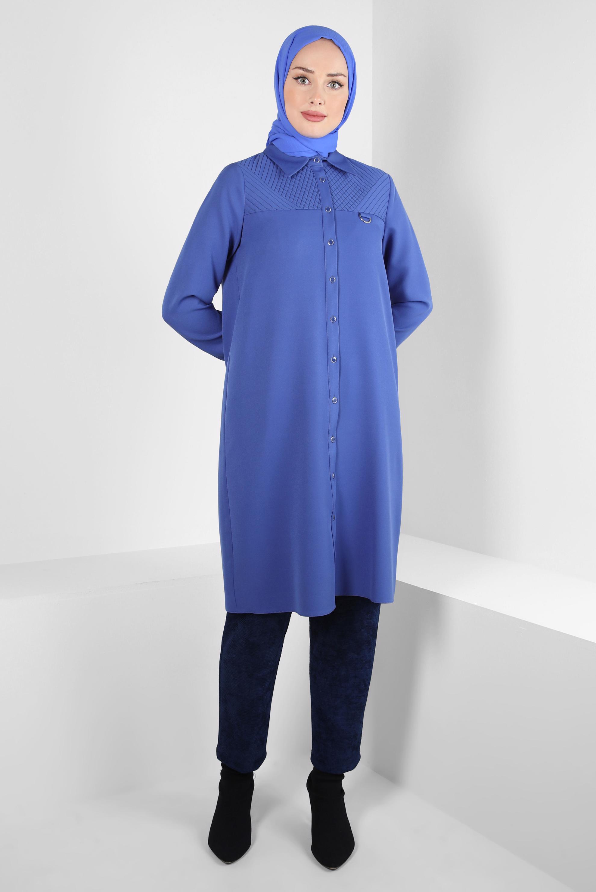 Tesettür giyim MAVİ GÖMLEK YAKA TUNİK 44163