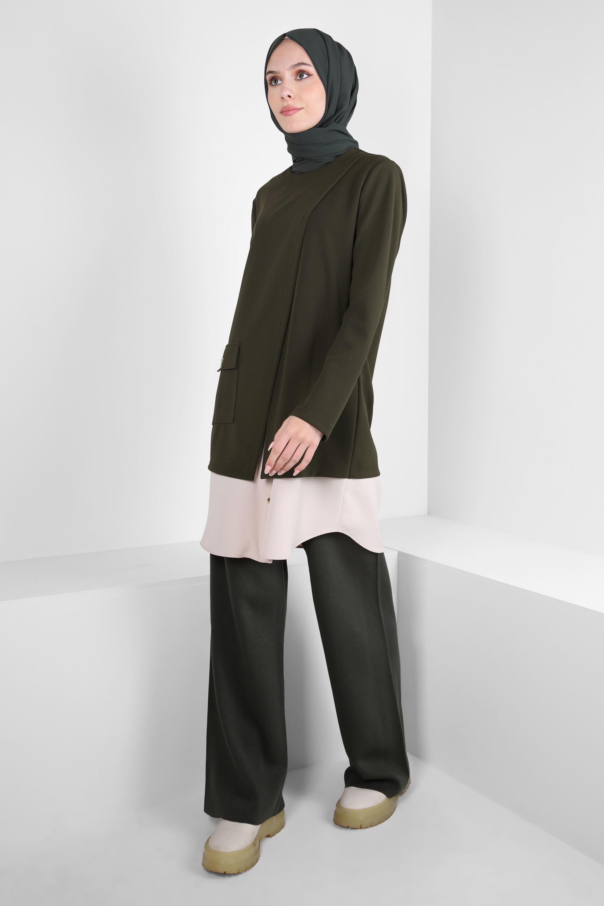 Tesettür giyim HAKİ GÖMLEK GARNİLİ TUNİK 44164