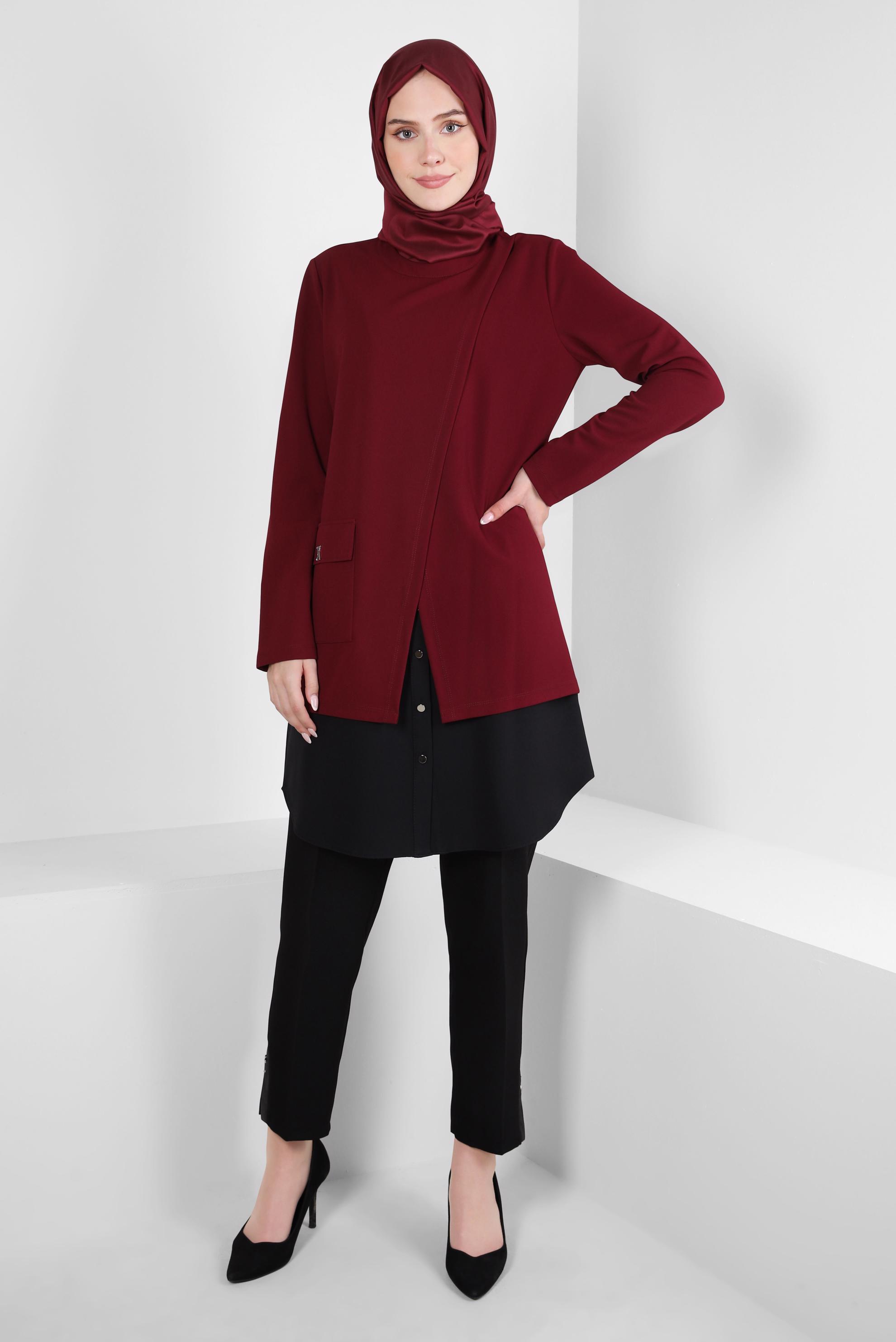Tesettür giyim BORDO GÖMLEK GARNİLİ TUNİK 44164