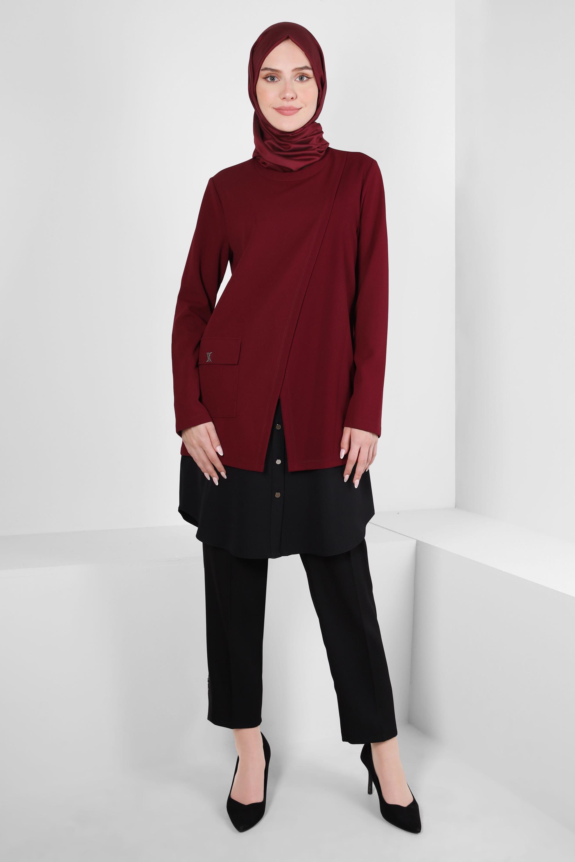 Tesettür giyim BORDO GÖMLEK GARNİLİ TUNİK 44164
