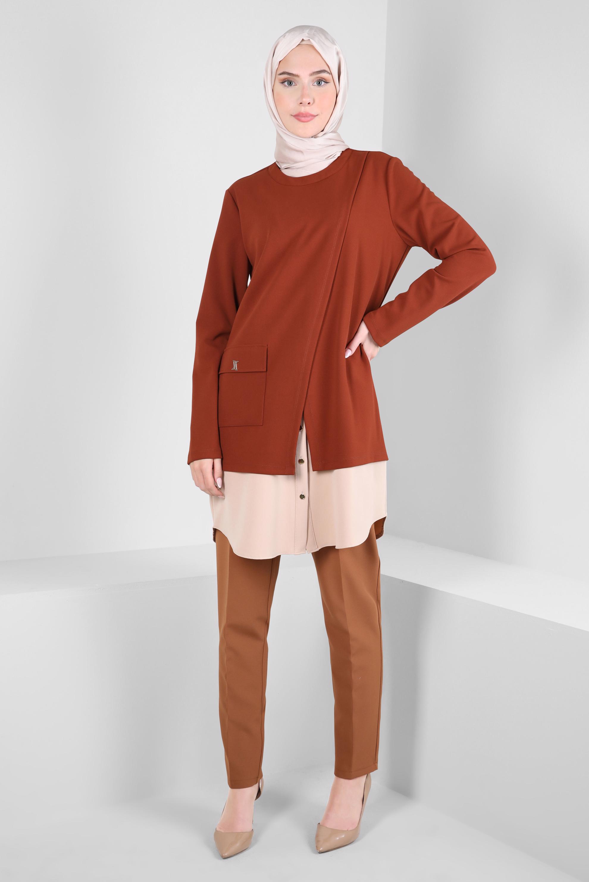 Tesettür giyim KAHVE GÖMLEK GARNİLİ TUNİK 44164