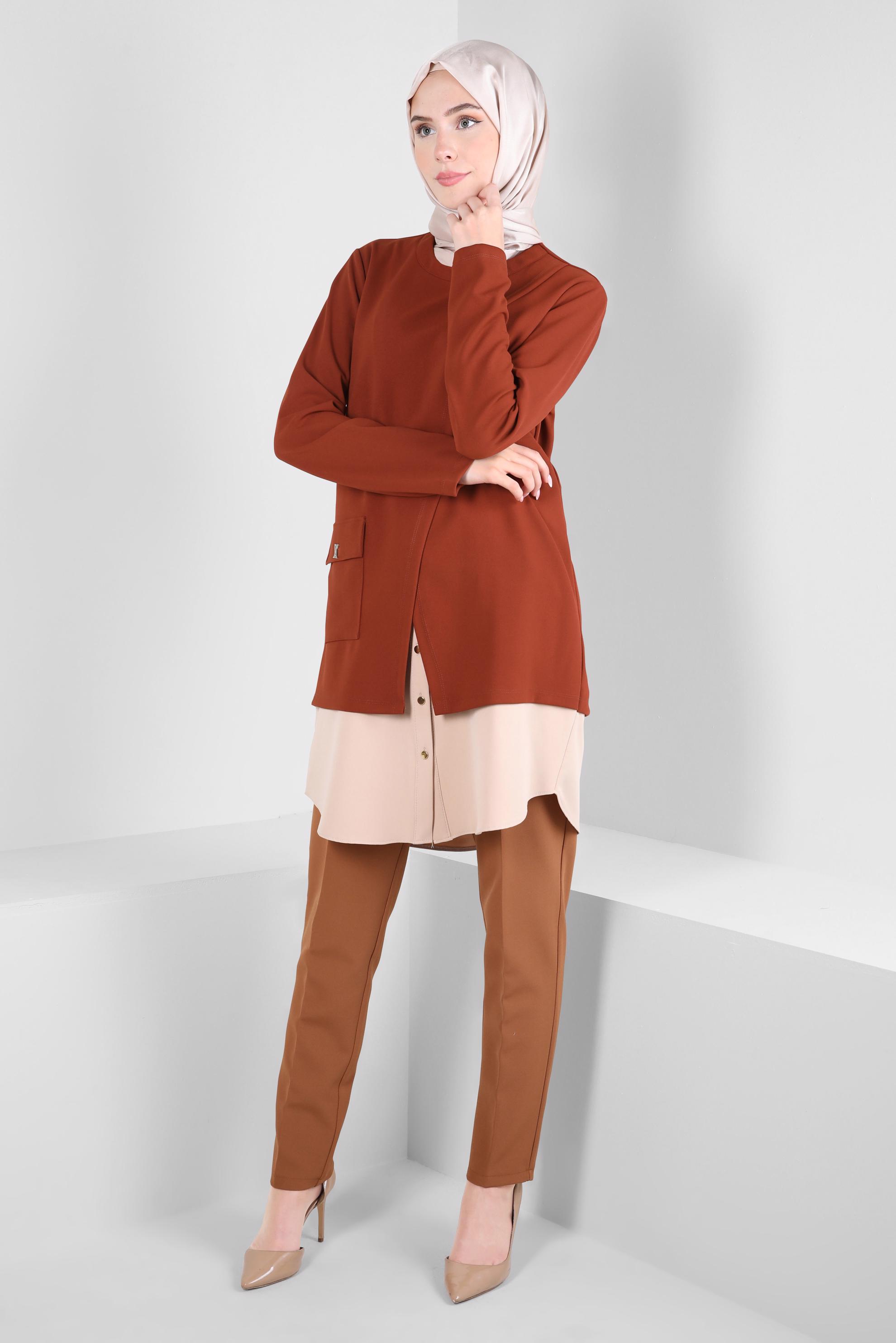 Tesettür giyim KAHVE GÖMLEK GARNİLİ TUNİK 44164