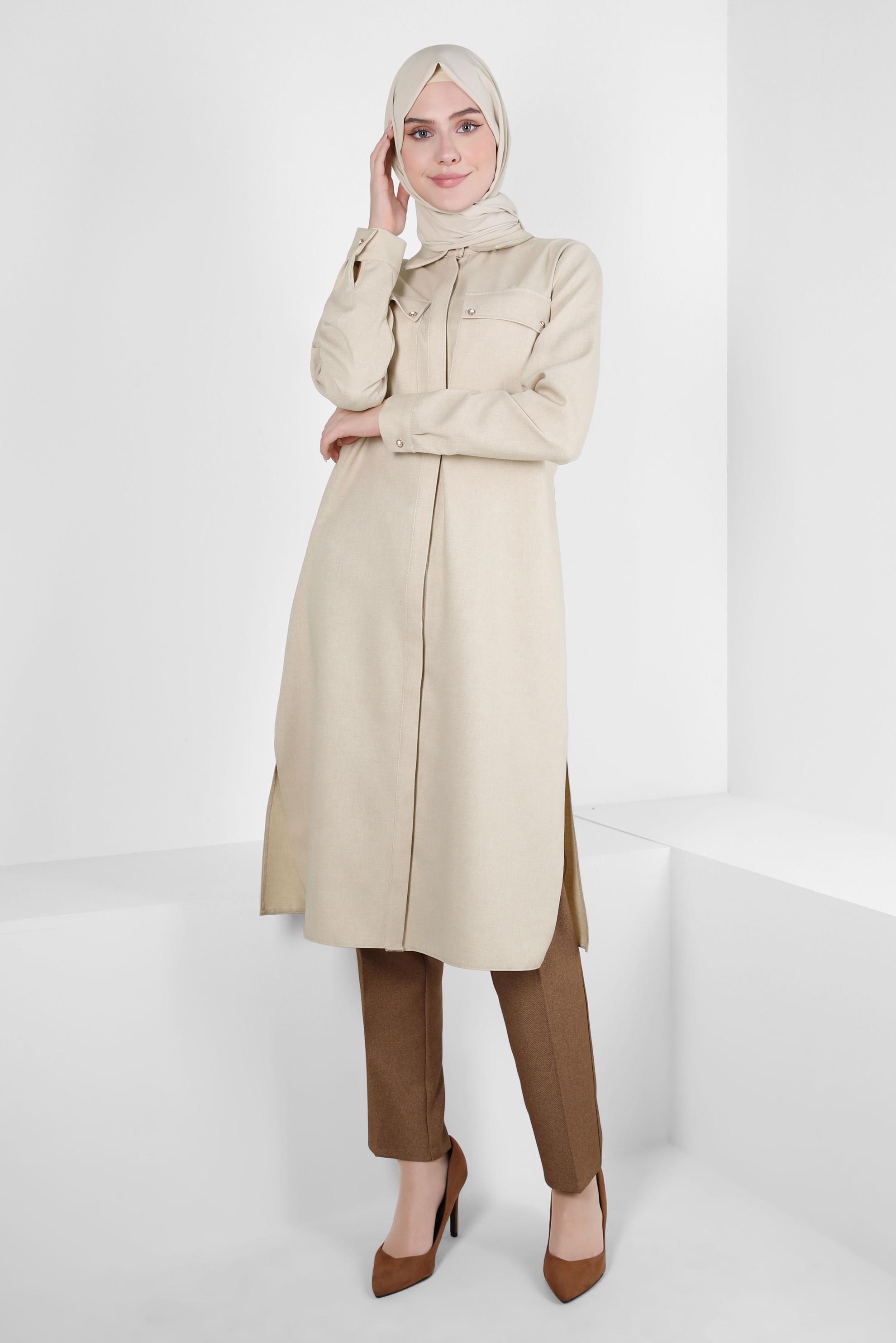 Tesettür giyim BEJ YANI YIRTMAÇLI TUNİK 44178