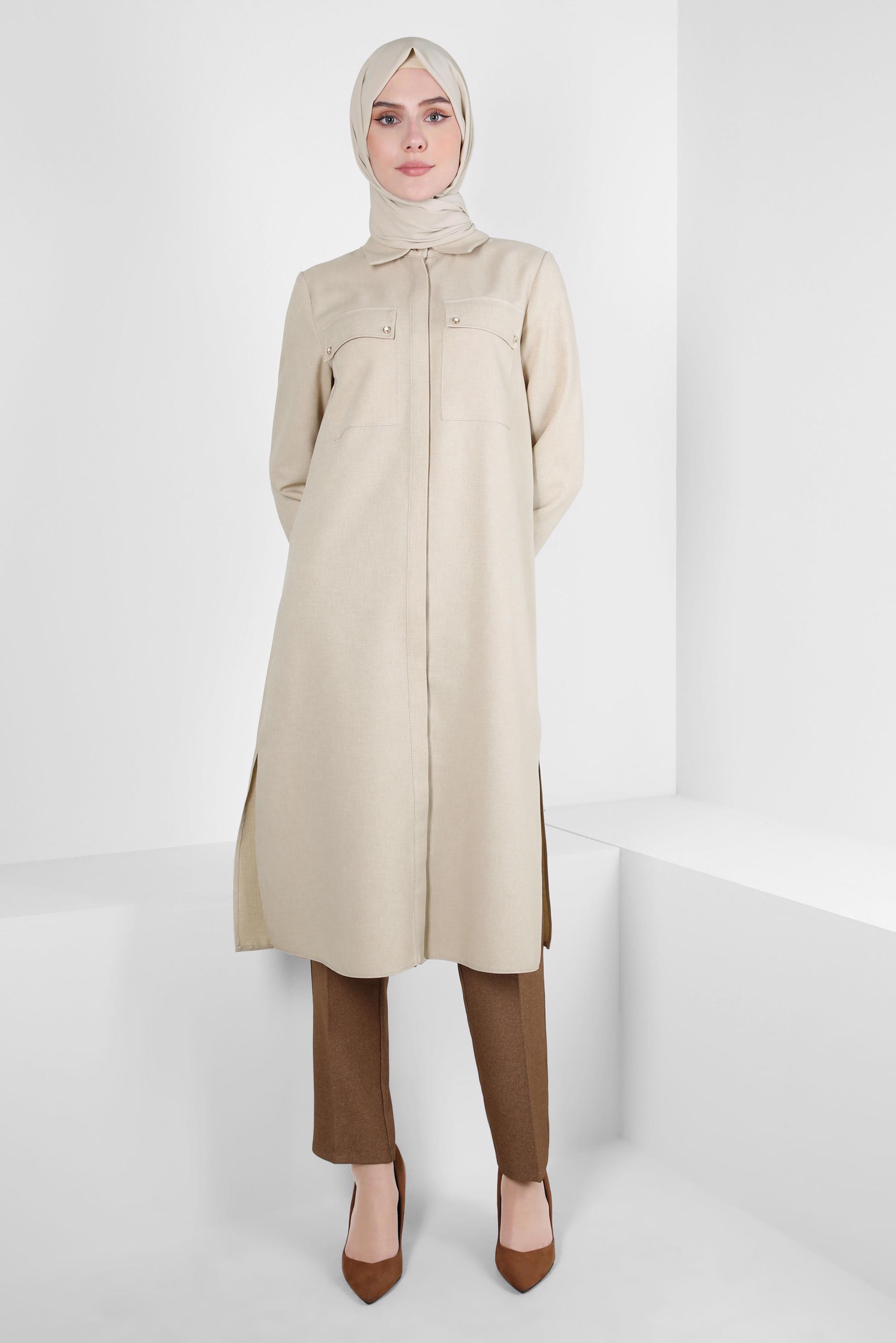 Tesettür giyim BEJ YANI YIRTMAÇLI TUNİK 44178