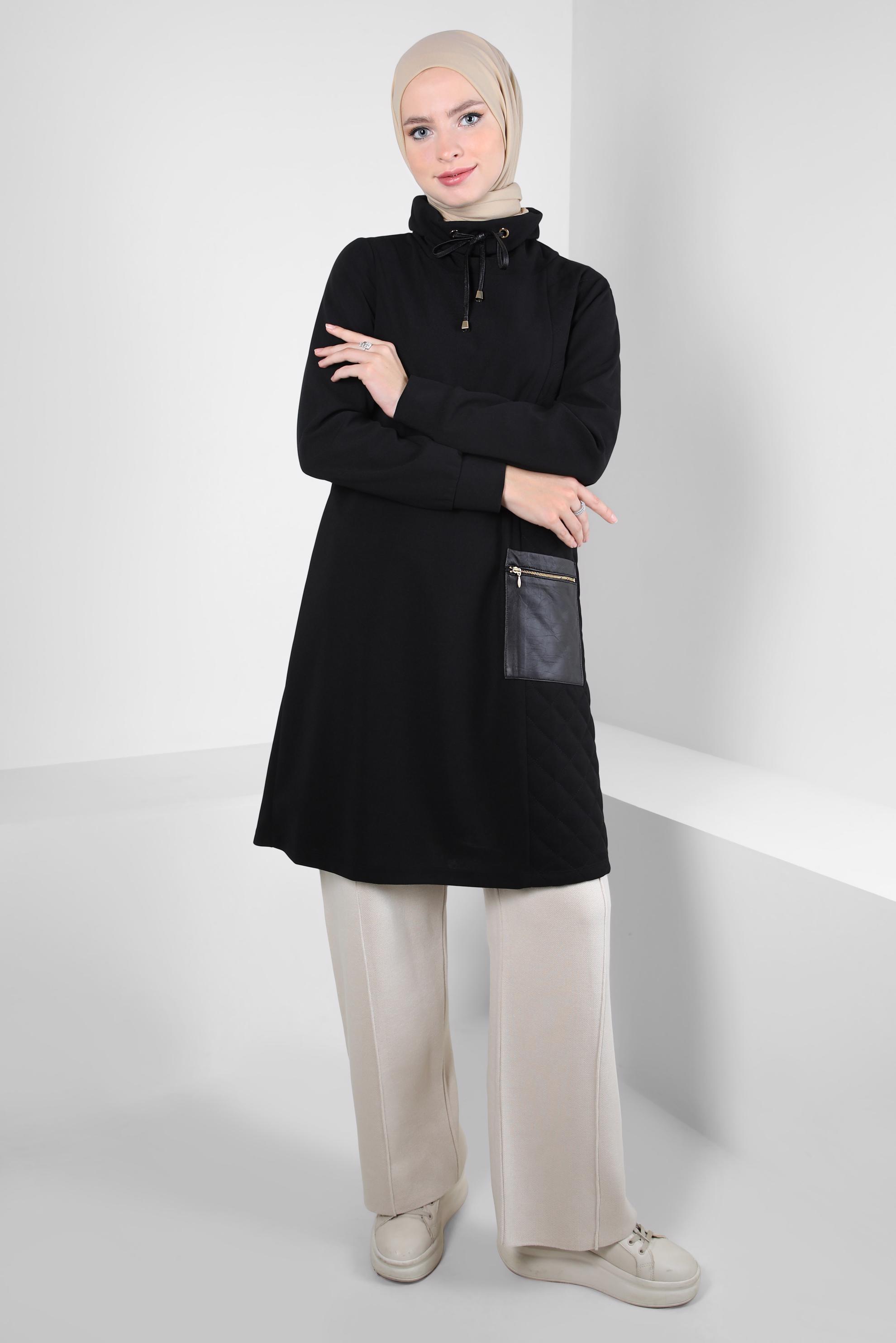Tesettür giyim SİYAH YAKASI BAĞCIK DETAYLI TUNİK 44187