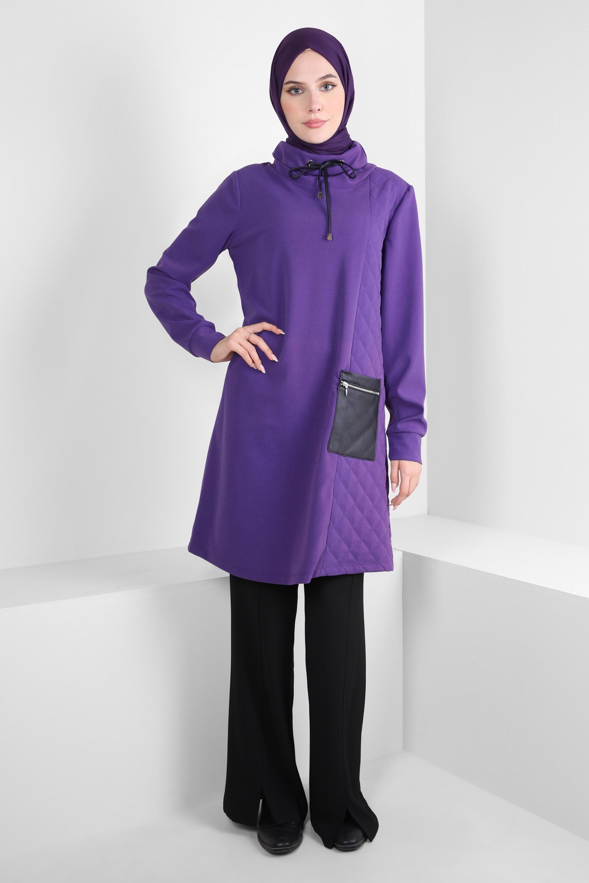 Tesettür giyim MOR YAKASI BAĞCIK DETAYLI TUNİK 44187