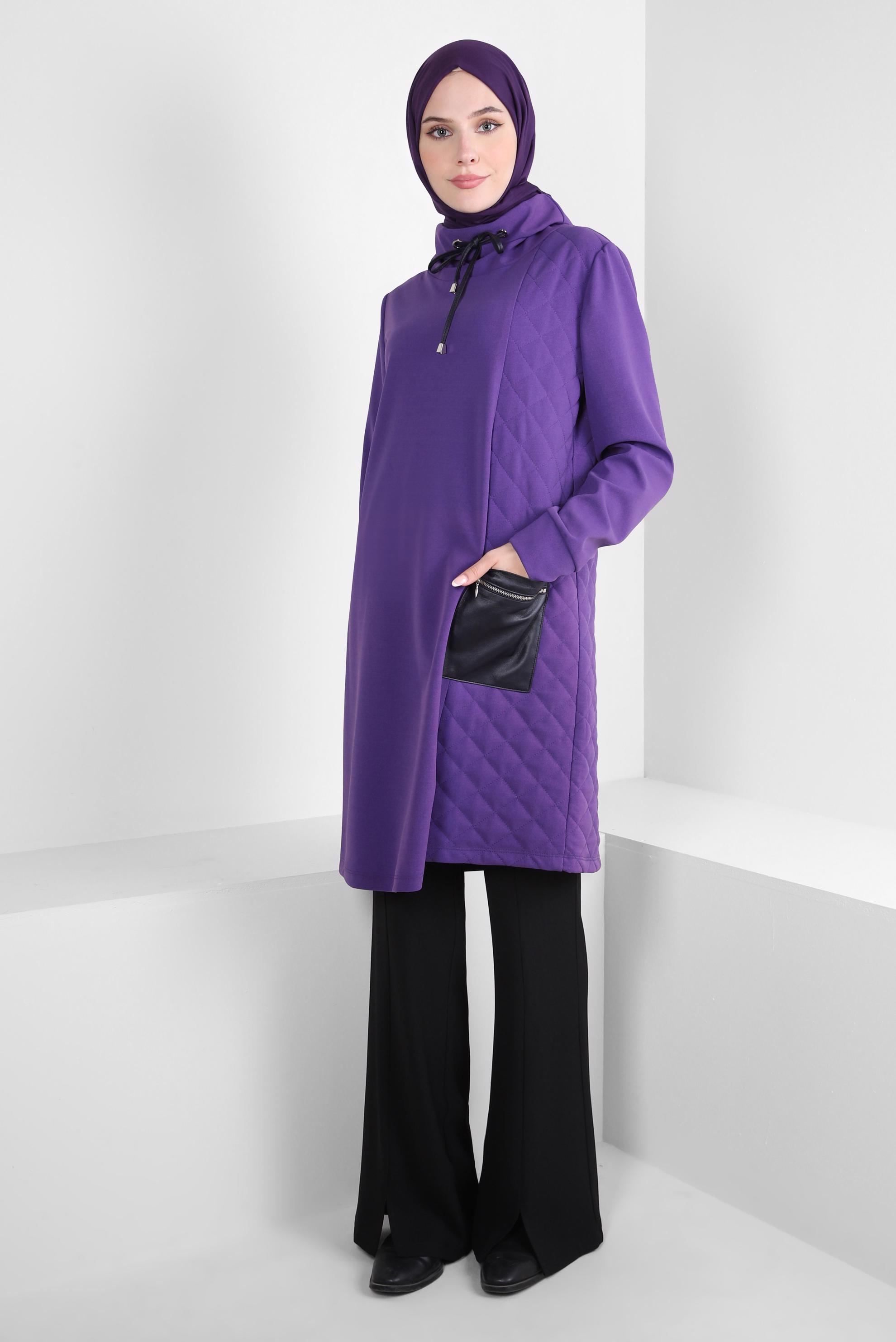Tesettür giyim MOR YAKASI BAĞCIK DETAYLI TUNİK 44187