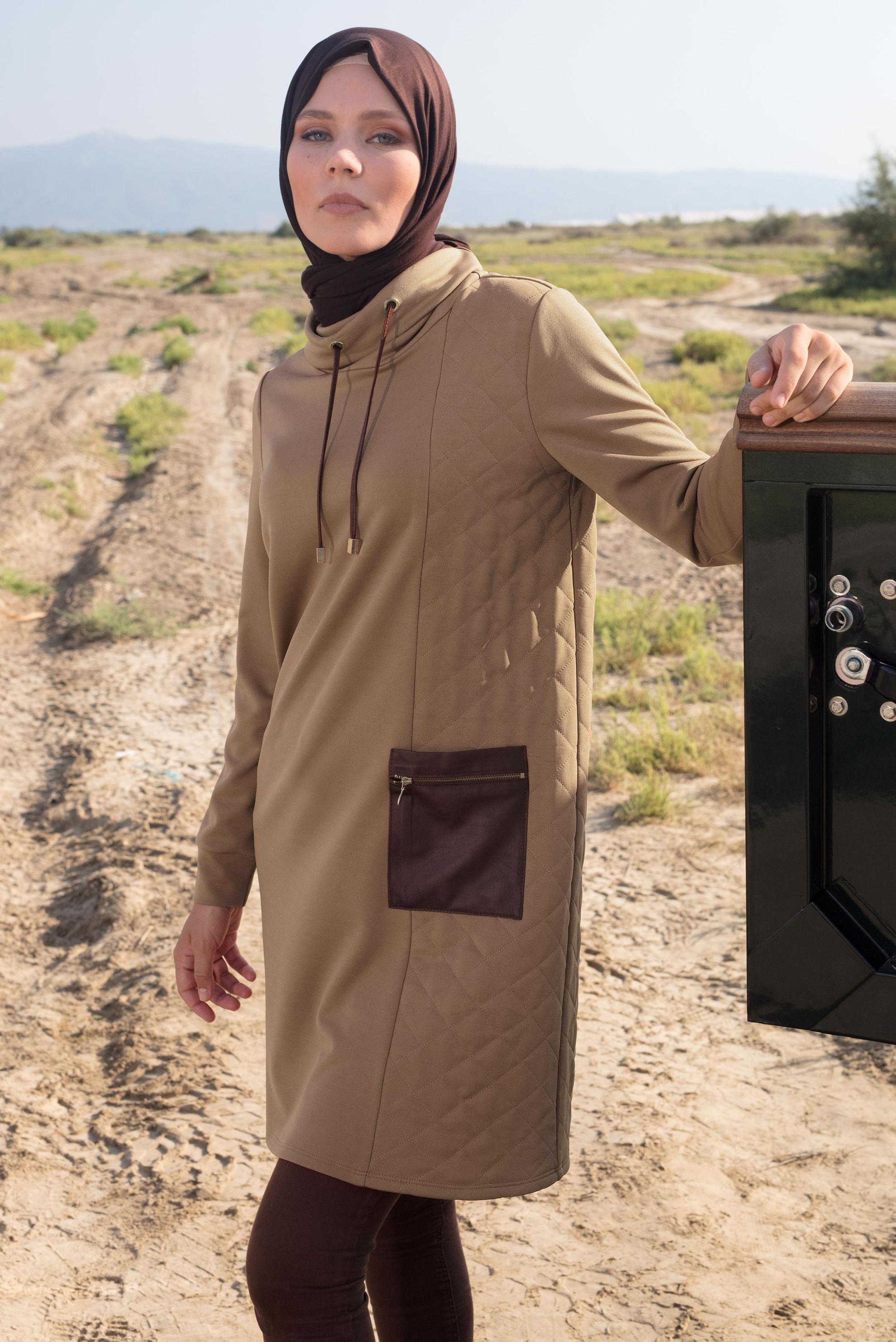 Tesettür giyim BEJ YAKASI BAĞCIK DETAYLI TUNİK 44187