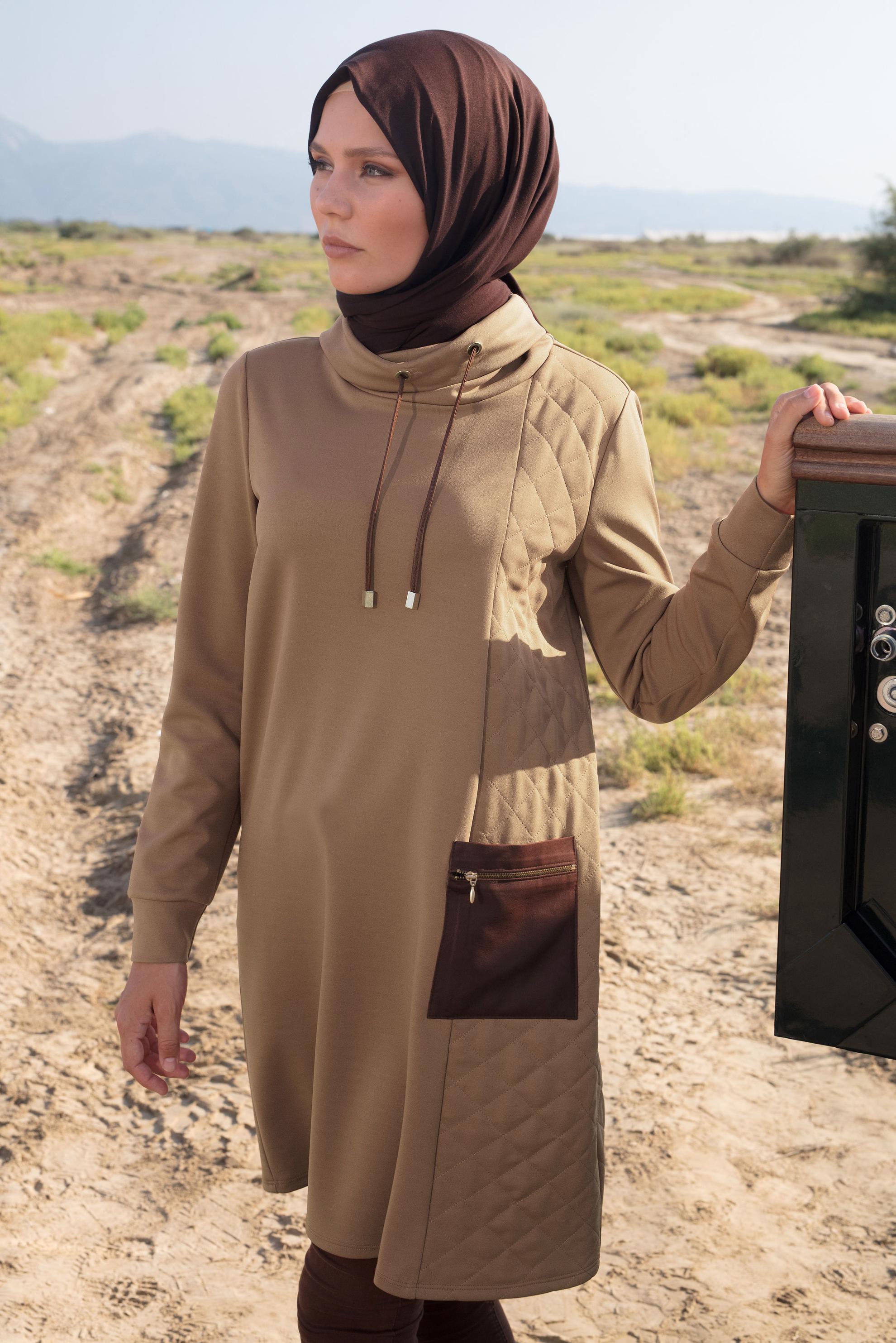 Tesettür giyim BEJ YAKASI BAĞCIK DETAYLI TUNİK 44187