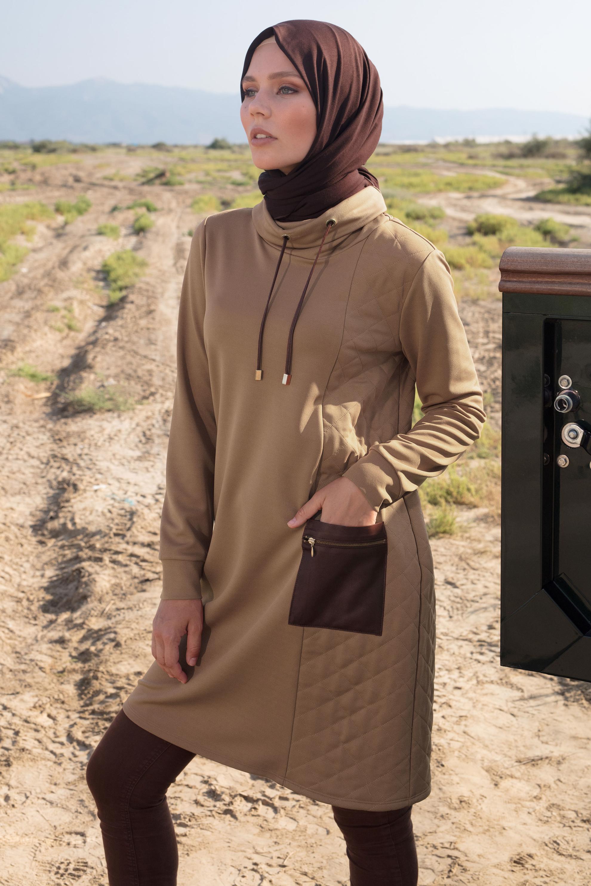 Tesettür giyim BEJ YAKASI BAĞCIK DETAYLI TUNİK 44187