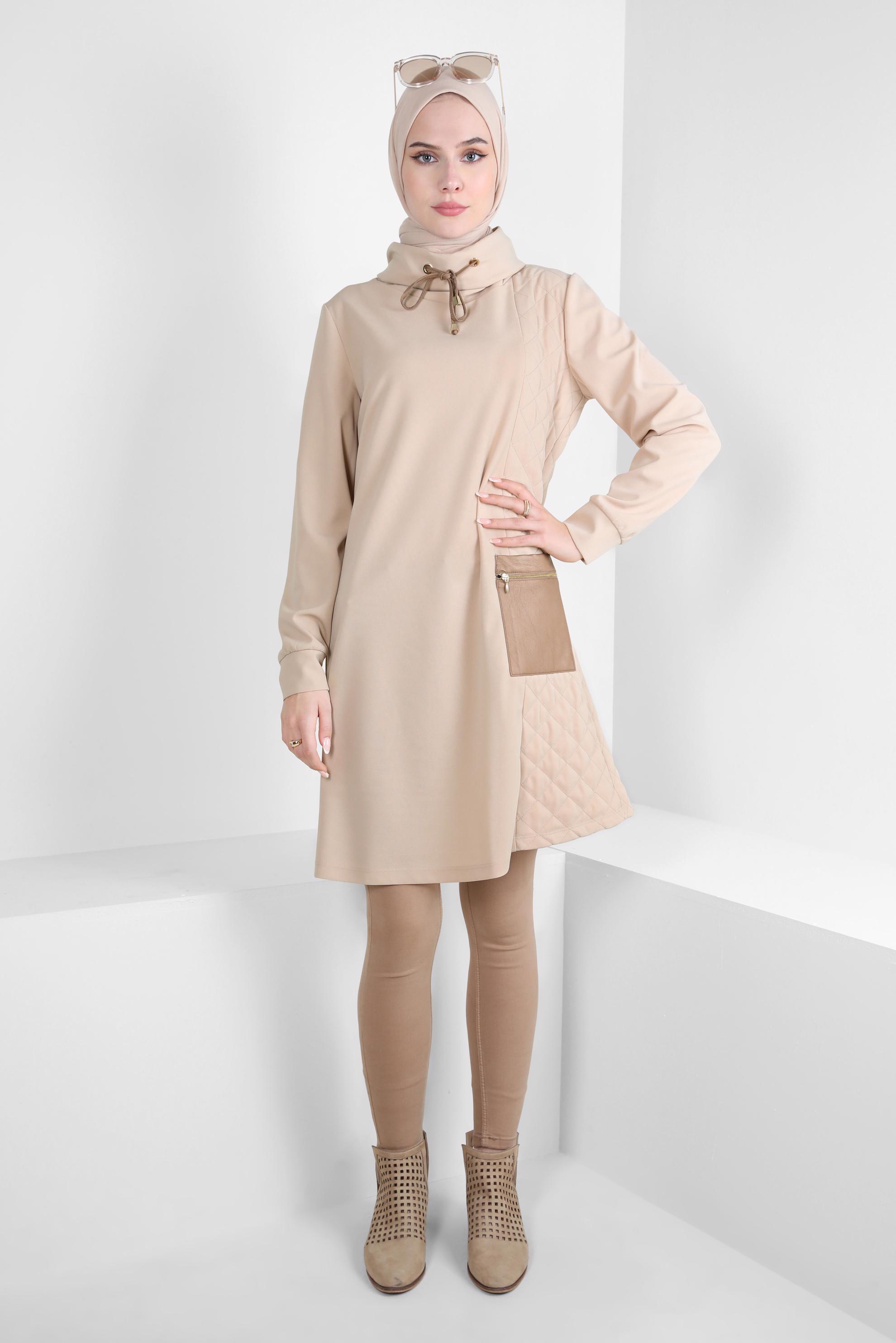 Tesettür giyim EKRU YAKASI BAĞCIK DETAYLI TUNİK 44187