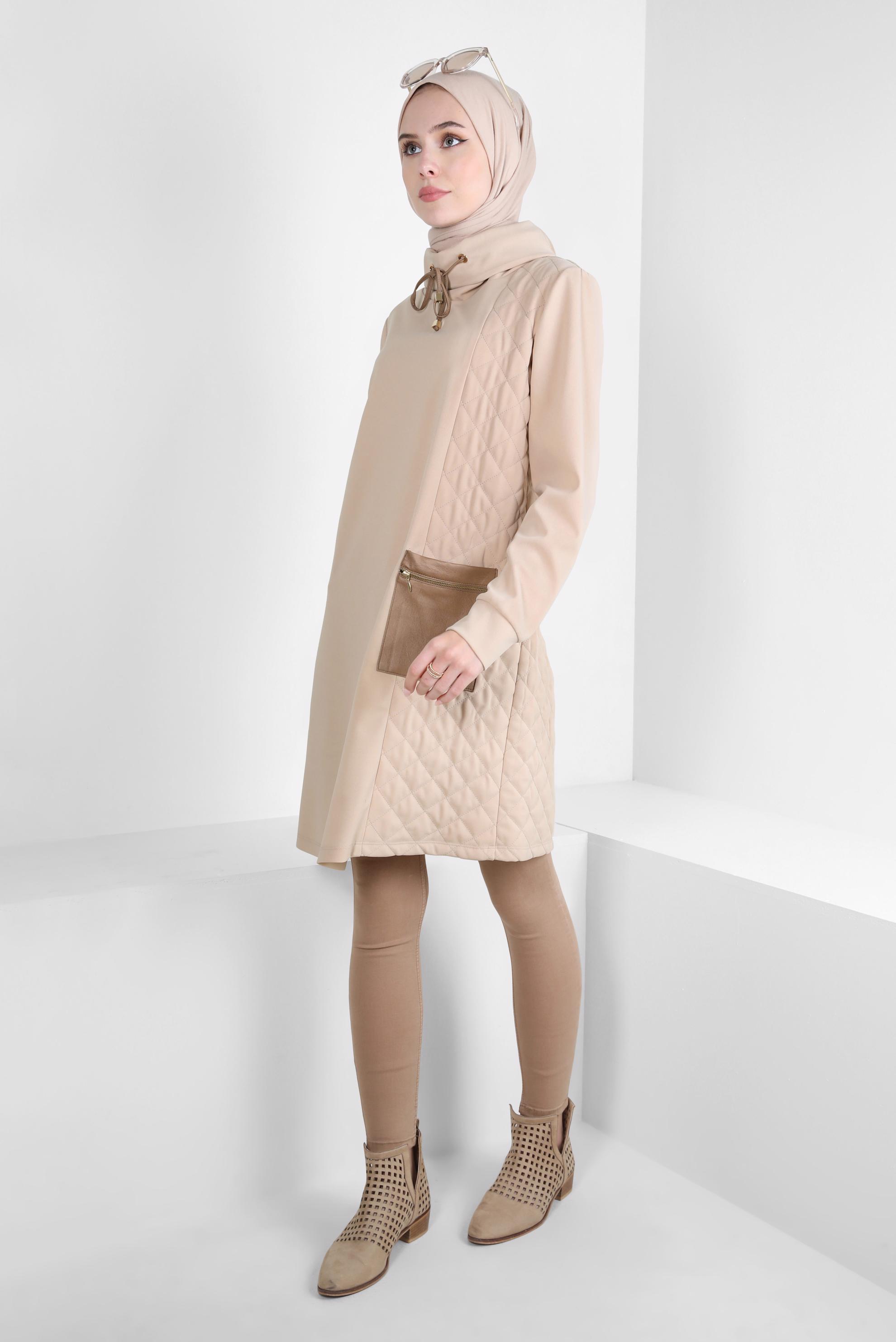 Tesettür giyim EKRU YAKASI BAĞCIK DETAYLI TUNİK 44187