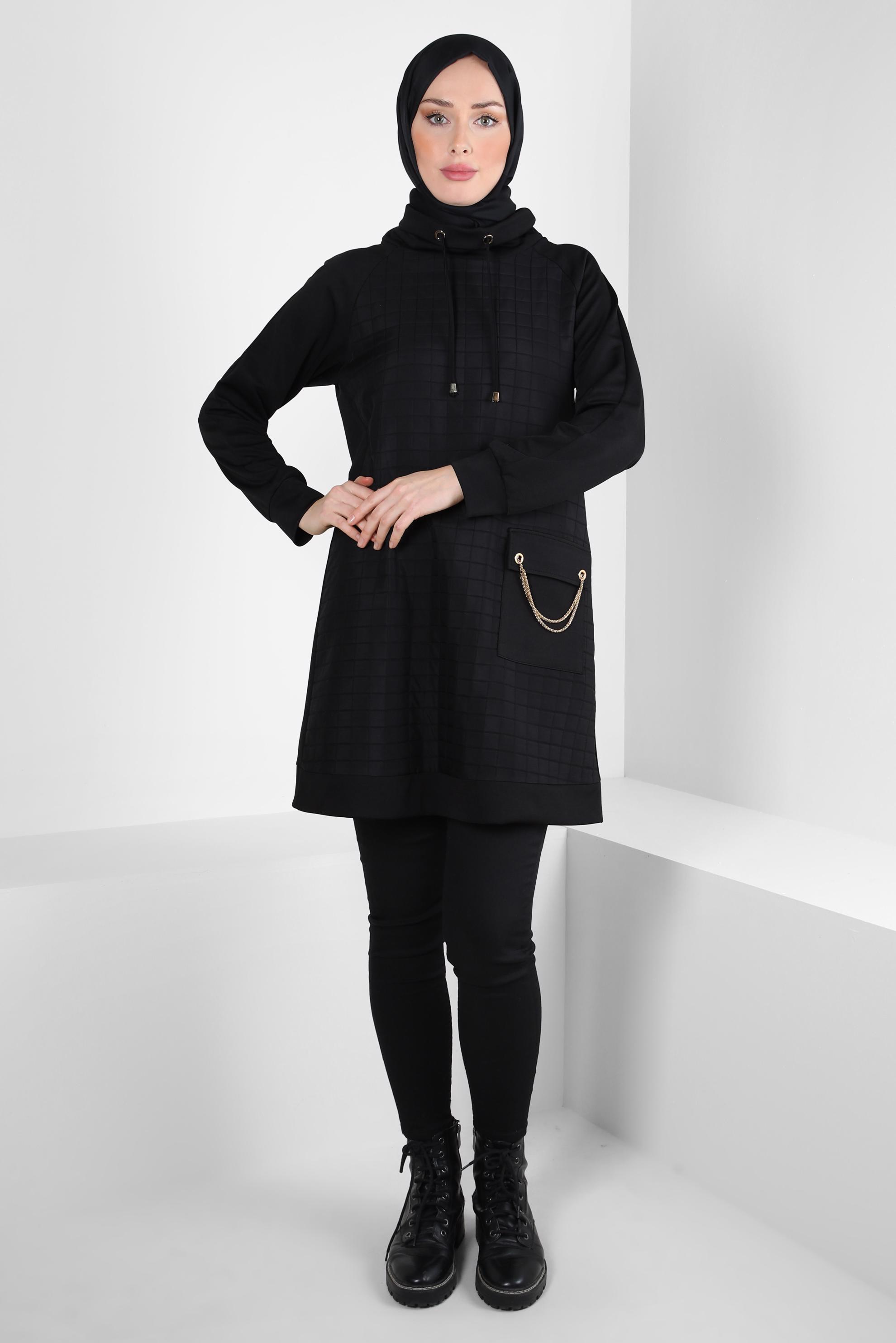 Tesettür giyim SİYAH ZİNCİR DETAYLI TUNİK 44189