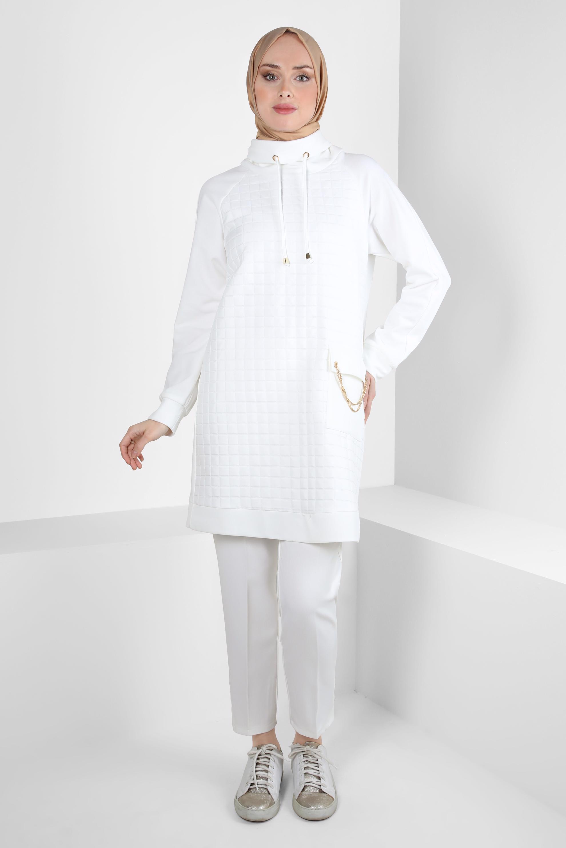 Tesettür giyim BEYAZ ZİNCİR DETAYLI TUNİK 44189