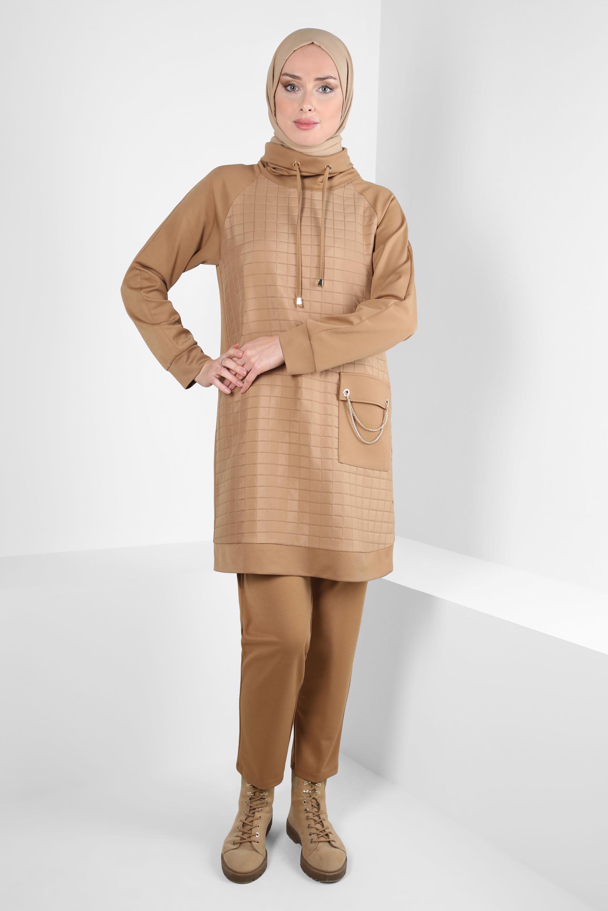 Tesettür giyim KAHVE ZİNCİR DETAYLI TUNİK 44189