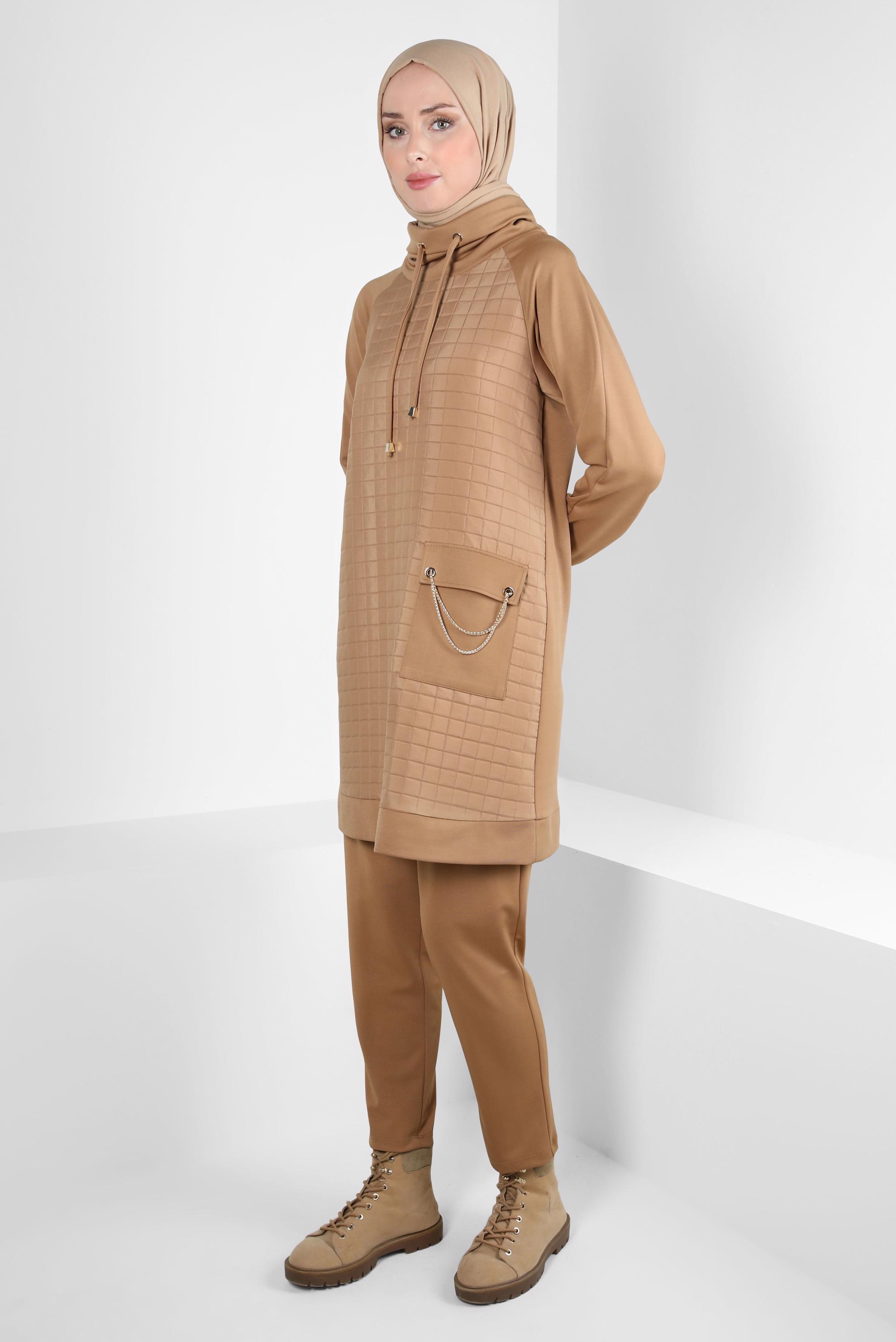 Tesettür giyim KAHVE ZİNCİR DETAYLI TUNİK 44189