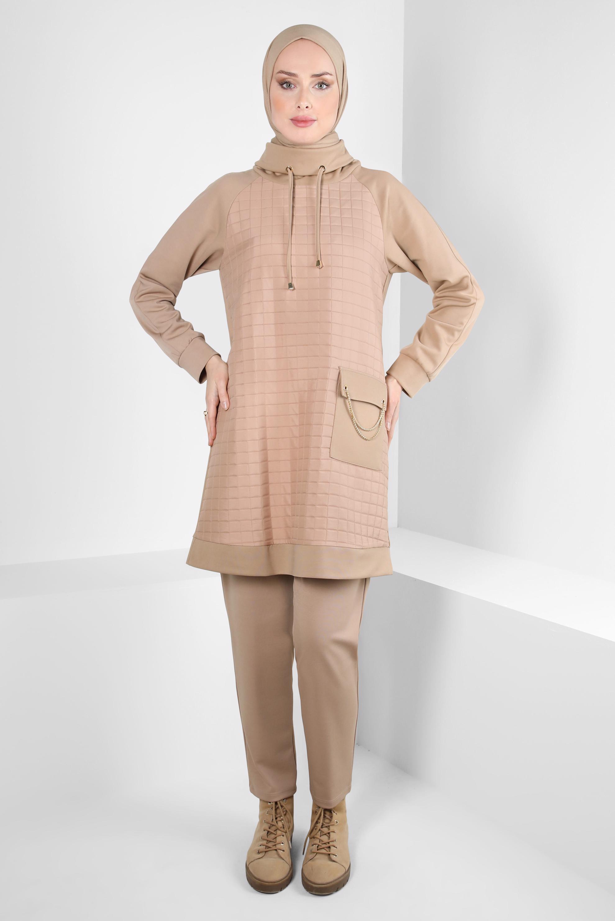 Tesettür giyim BEJ ZİNCİR DETAYLI TUNİK 44189
