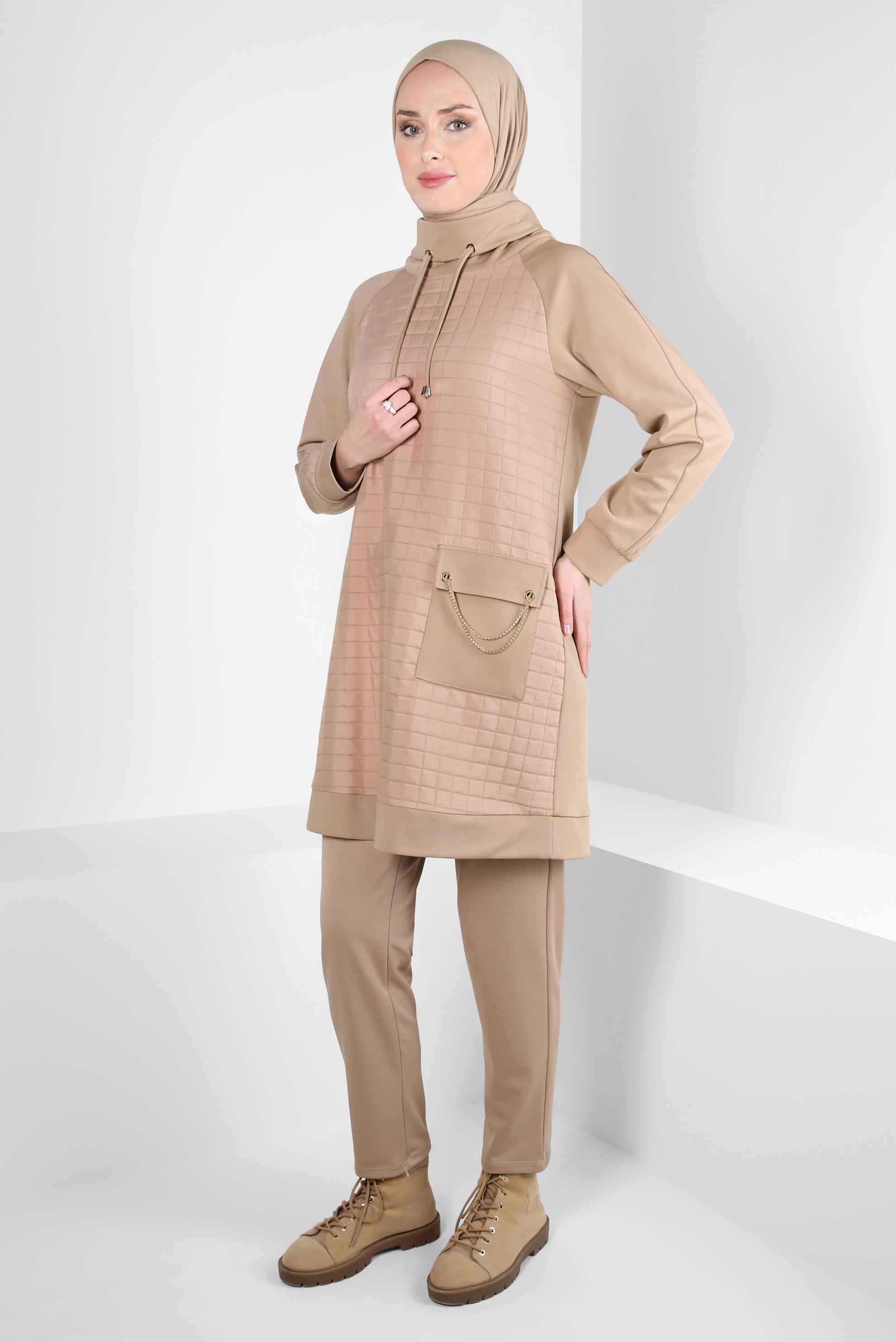 Tesettür giyim BEJ ZİNCİR DETAYLI TUNİK 44189