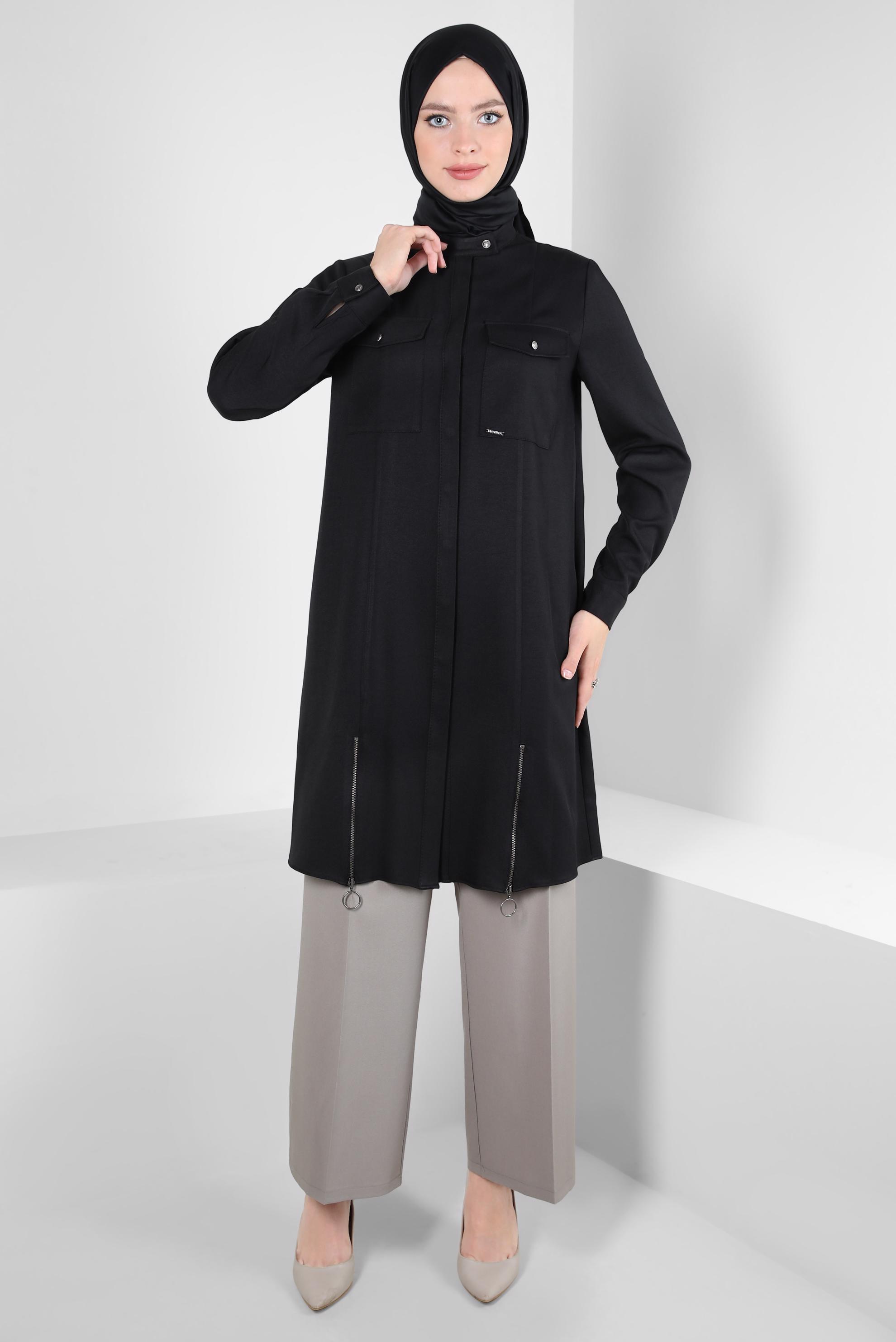 Tesettür giyim SİYAH FERMUAR DETAYLI TUNİK 44190