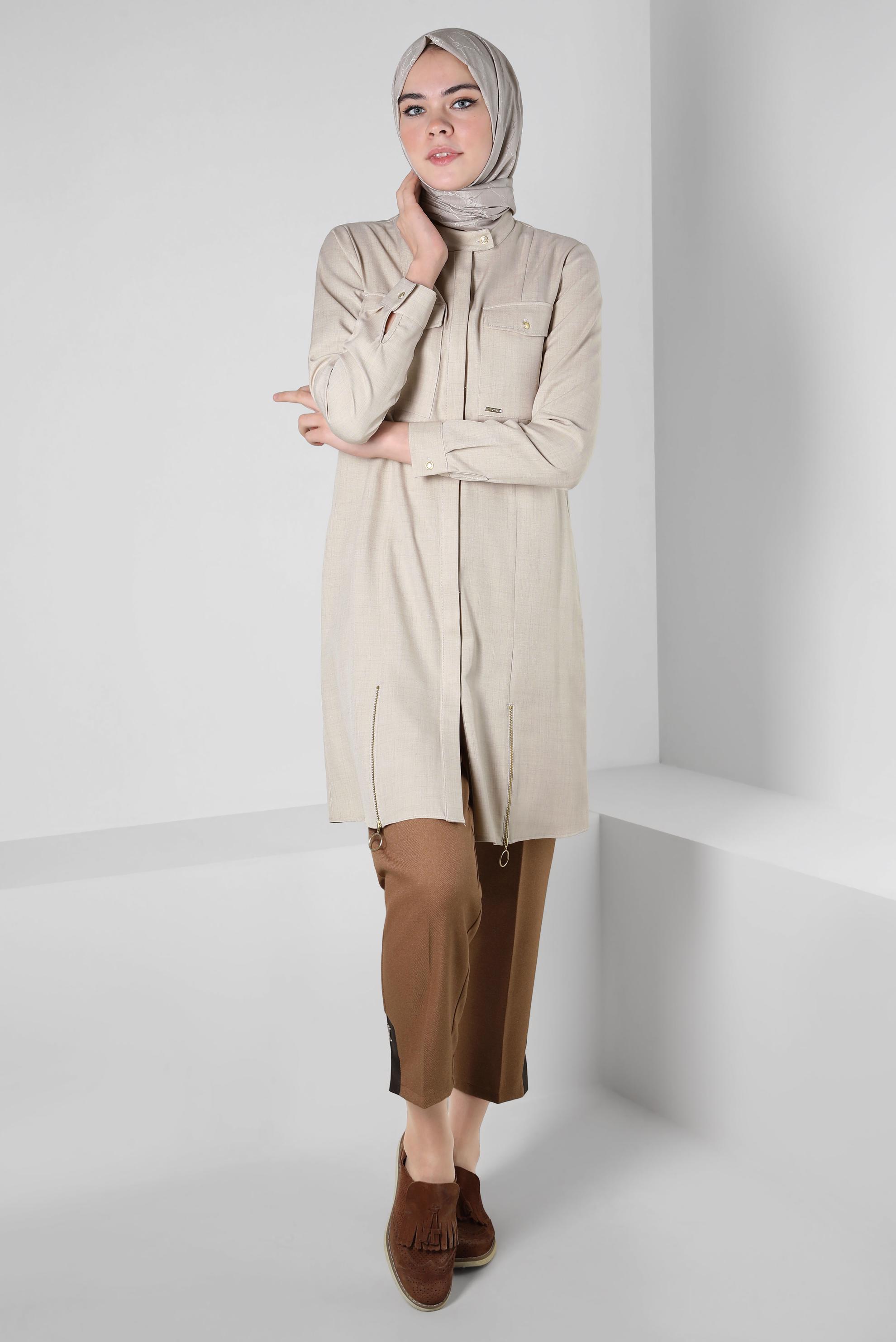 Tesettür giyim BEJ FERMUAR DETAYLI TUNİK 44190