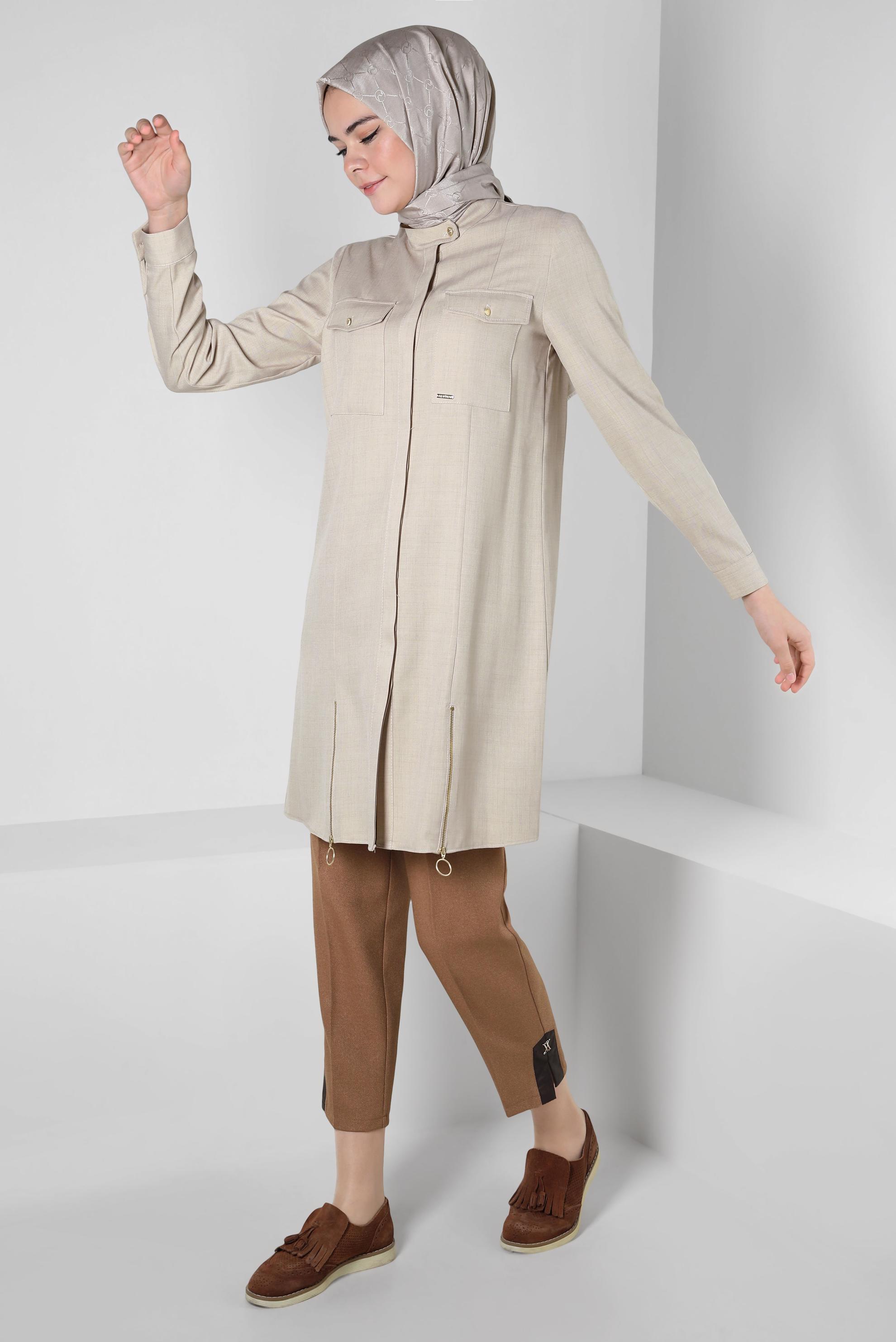 Tesettür giyim BEJ FERMUAR DETAYLI TUNİK 44190