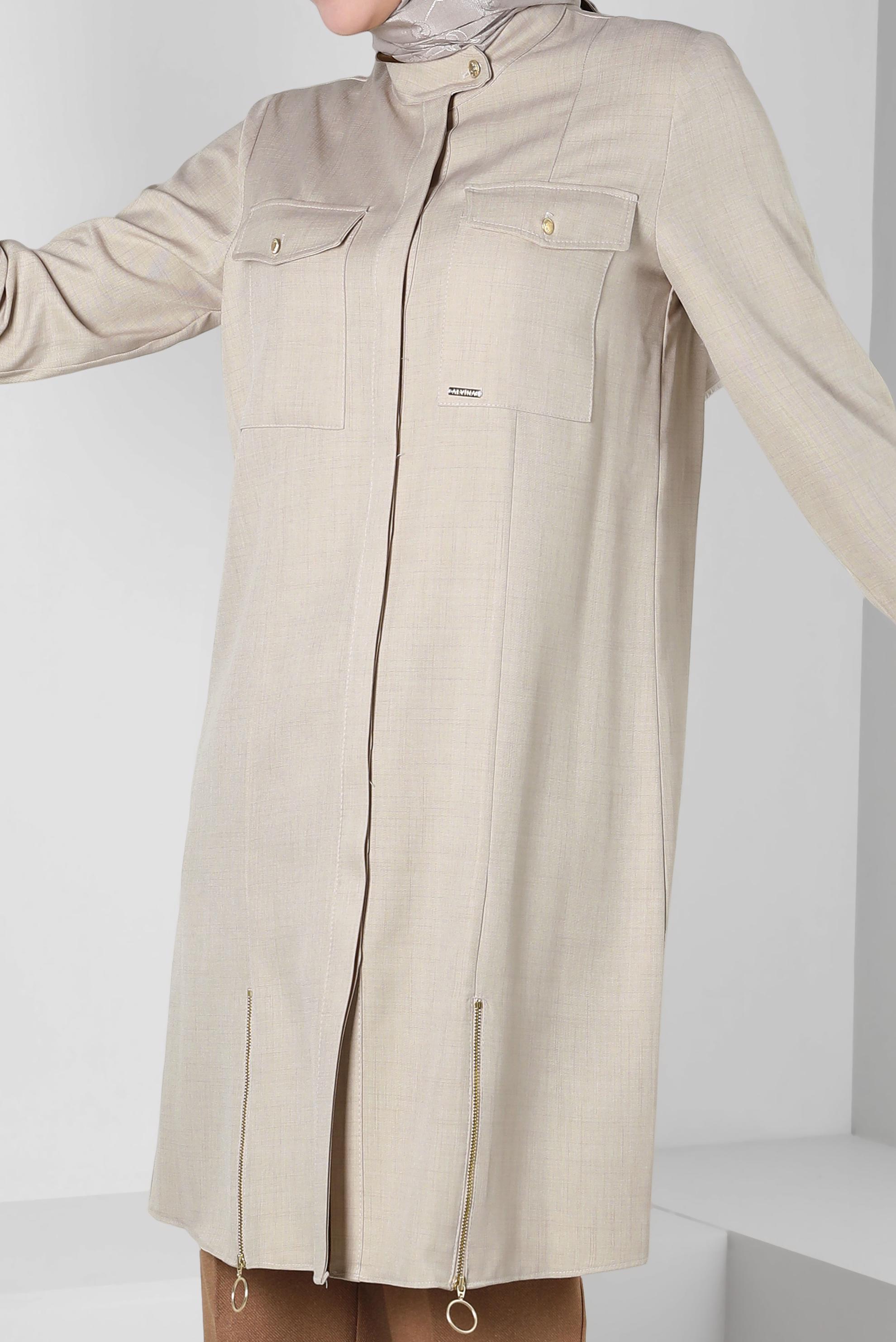 Tesettür giyim BEJ FERMUAR DETAYLI TUNİK 44190