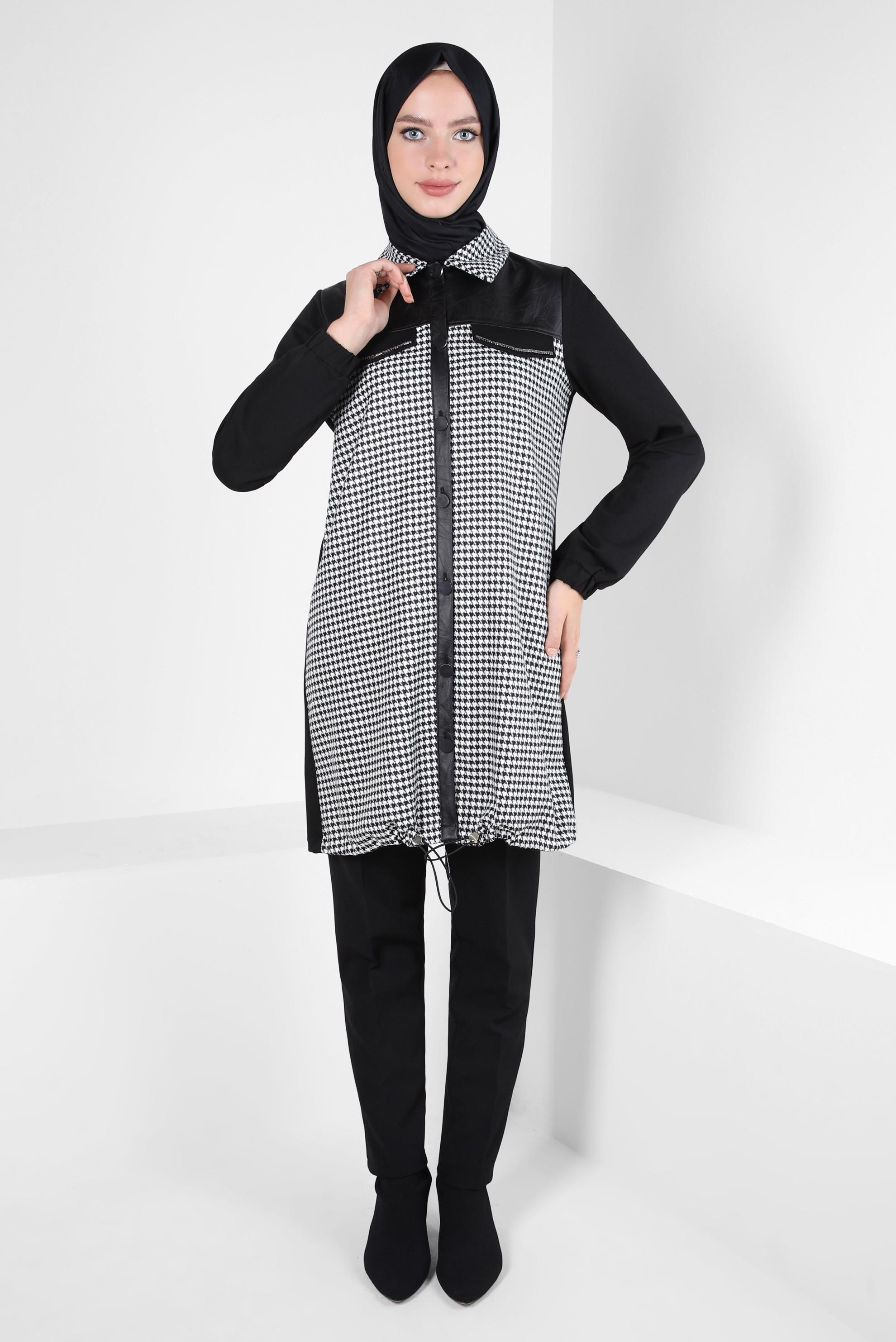 Tesettür giyim SİYAH KAZAYAĞI DESENLİ TUNİK 44201