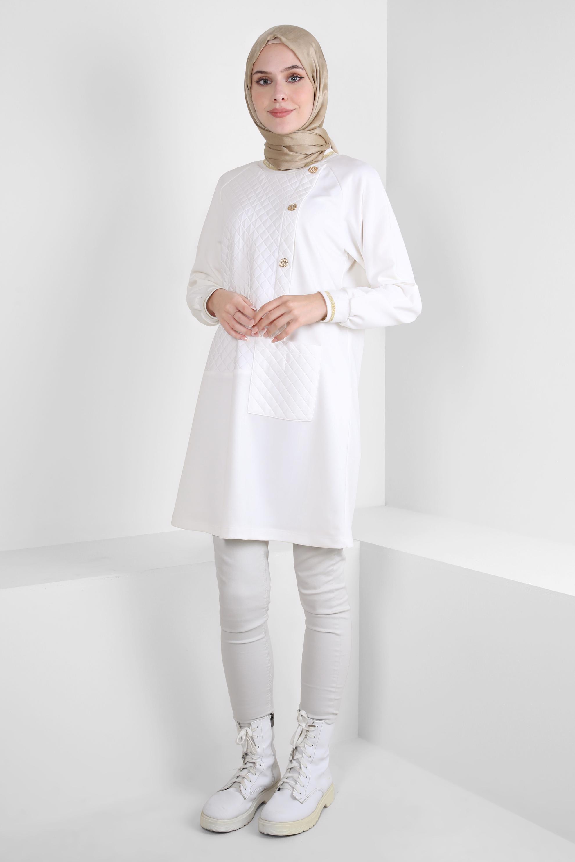 Tesettür giyim BEYAZ MANŞETLERİ LASTİKLİ TUNİK 44202